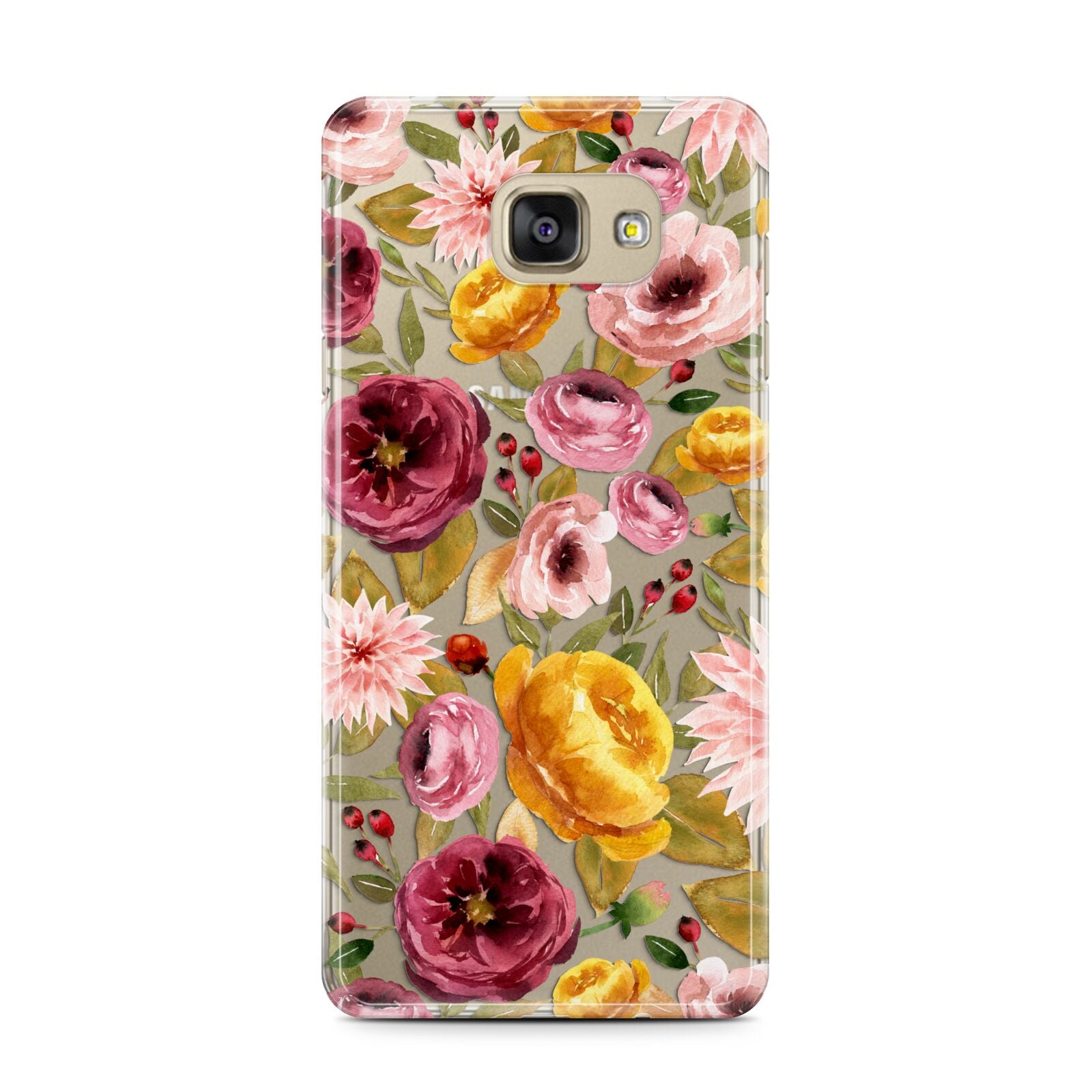 Pink and Mustard Floral Samsung Galaxy A7 2016 Case on gold phone