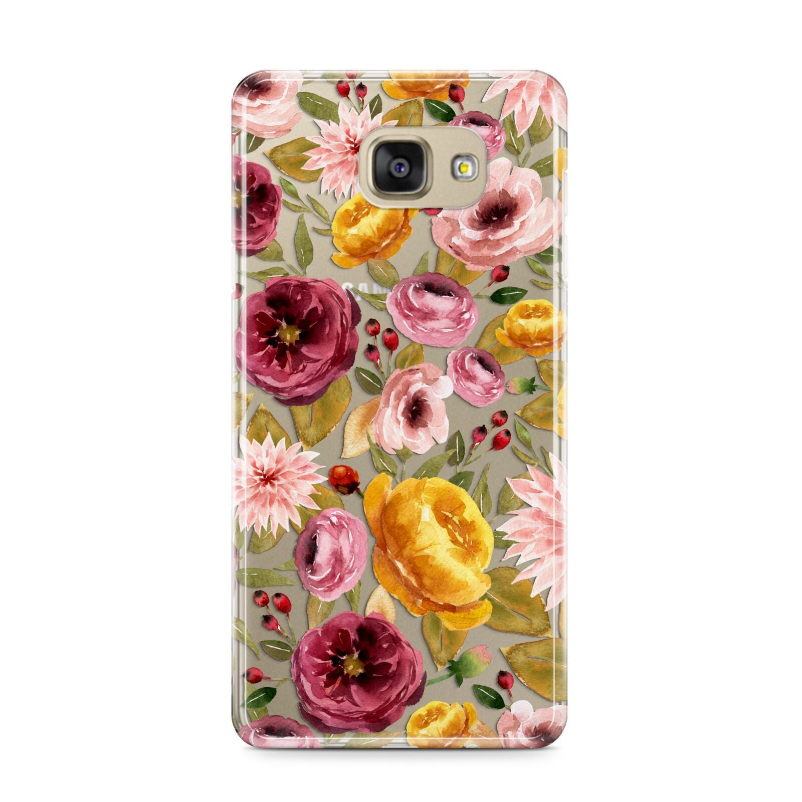 Pink and Mustard Floral Samsung Galaxy A9 2016 Case on gold phone