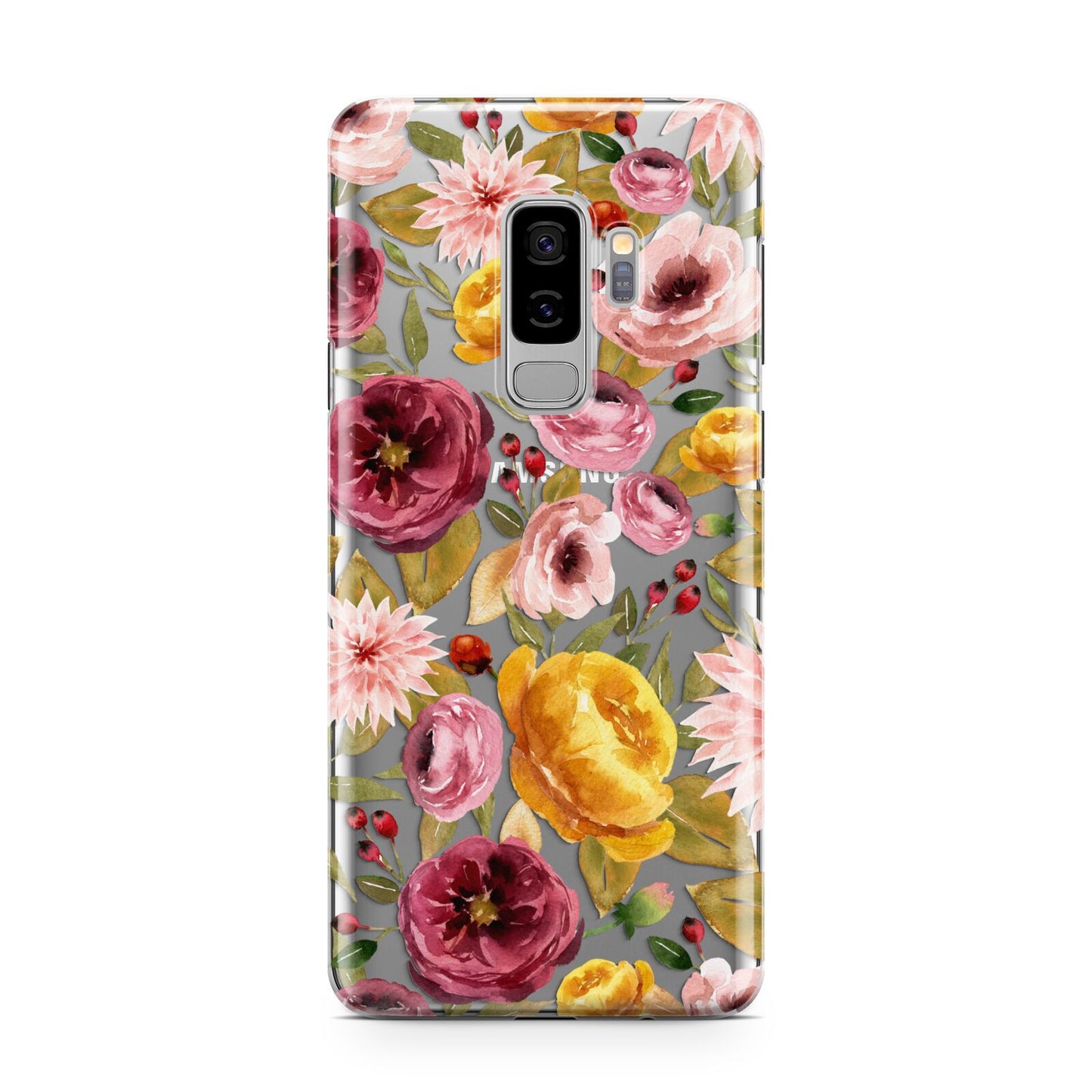 Pink and Mustard Floral Samsung Galaxy S9 Plus Case on Silver phone