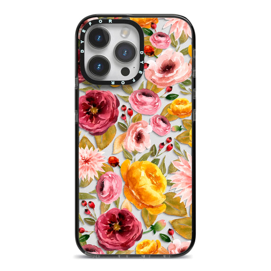 Pink and Mustard Floral iPhone 14 Pro Max Black Impact Case on Silver phone