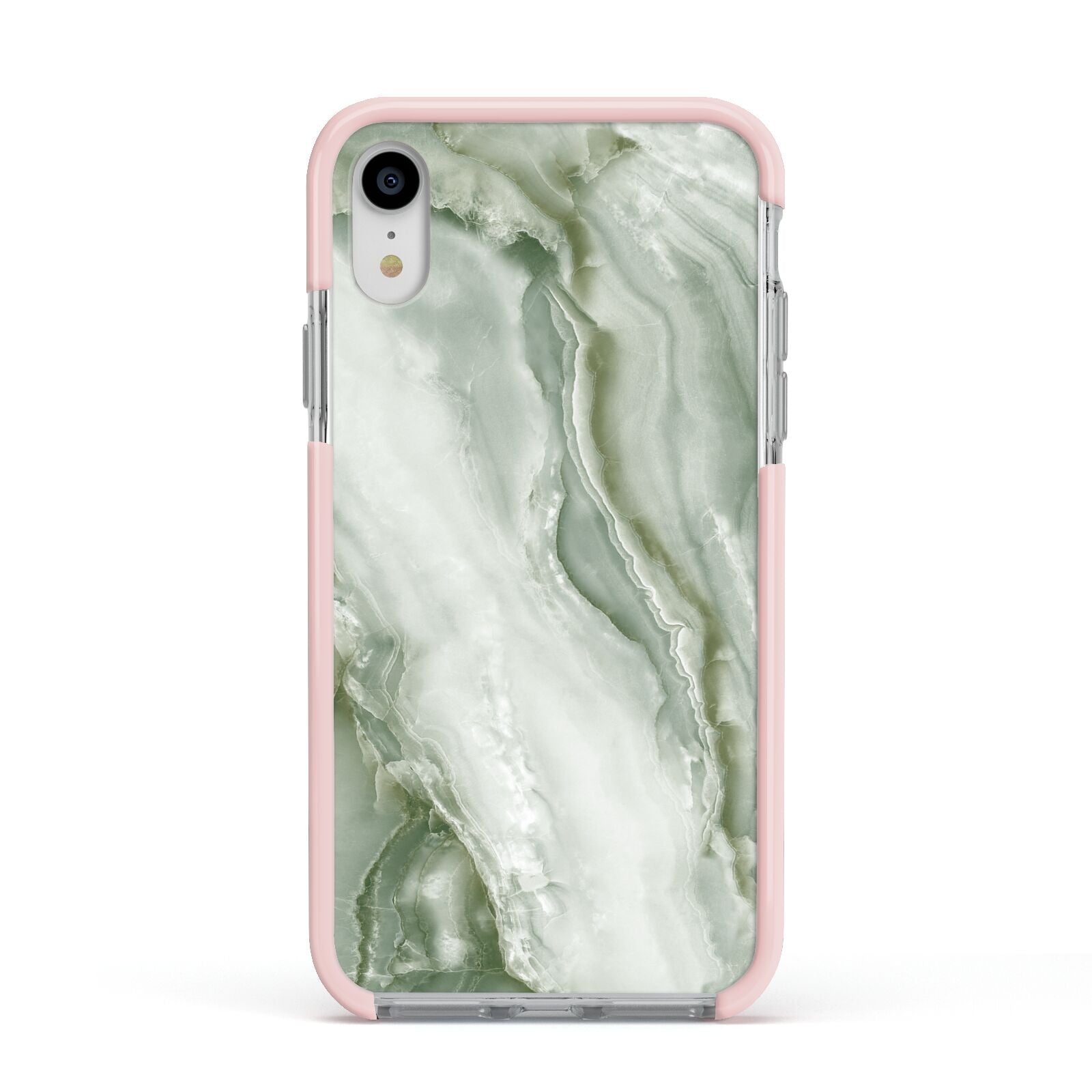 Pistachio Green Marble Apple iPhone XR Impact Case Pink Edge on Silver Phone