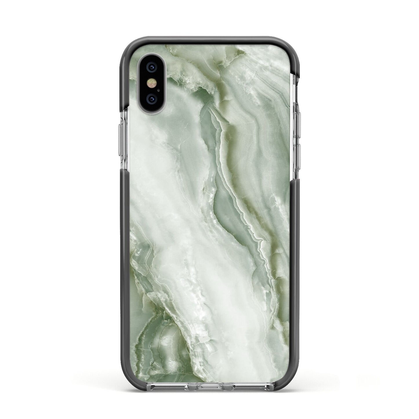 Pistachio Green Marble Apple iPhone Xs Impact Case Black Edge on Silver Phone