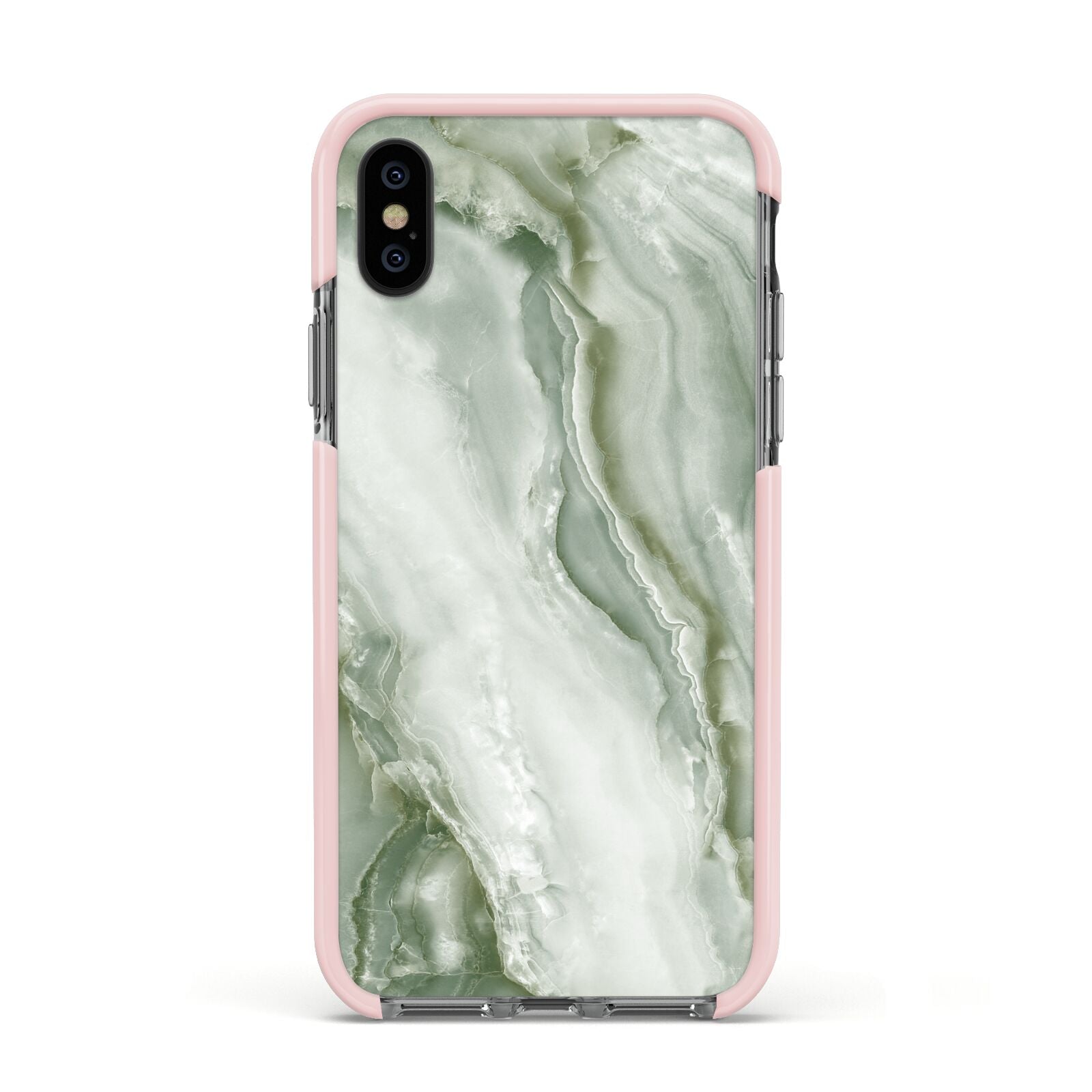 Pistachio Green Marble Apple iPhone Xs Impact Case Pink Edge on Black Phone