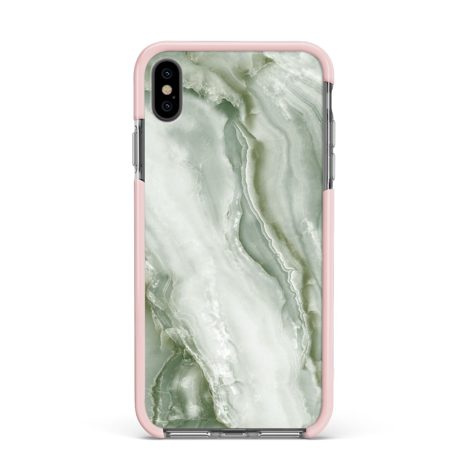 Pistachio Green Marble Apple iPhone Xs Max Impact Case Pink Edge on Black Phone