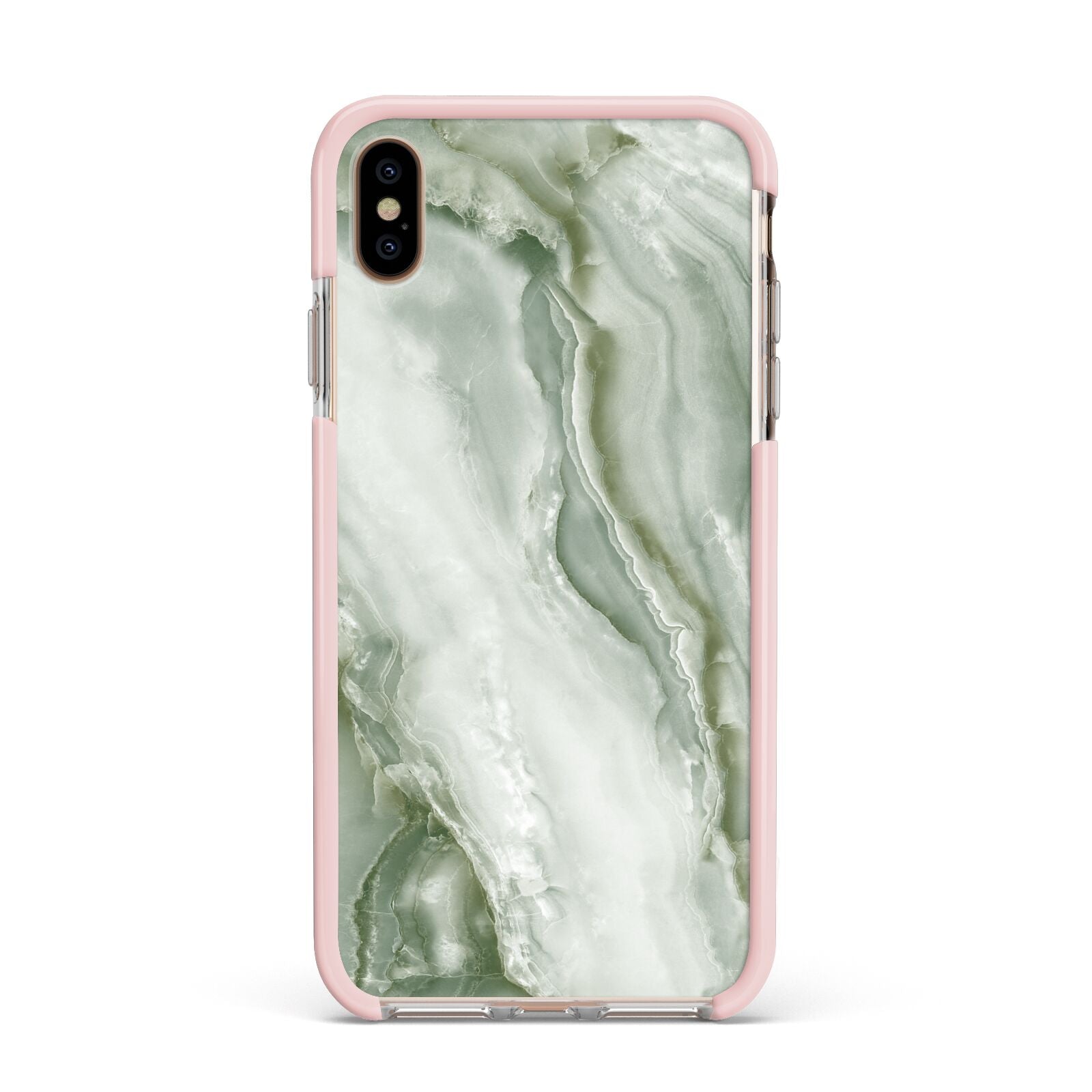 Pistachio Green Marble Apple iPhone Xs Max Impact Case Pink Edge on Gold Phone