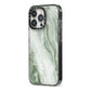 Pistachio Green Marble iPhone 13 Pro Black Impact Case Side Angle on Silver phone