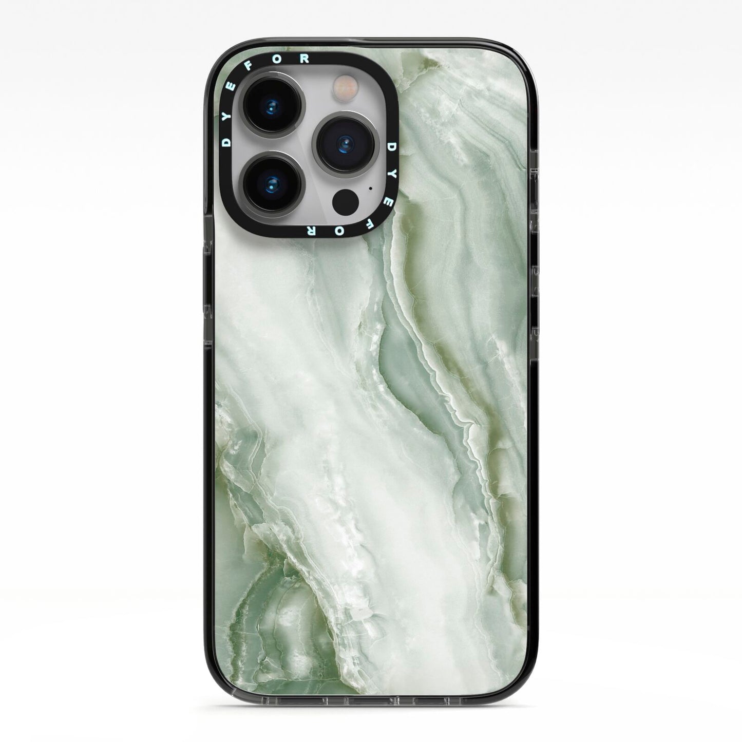 Pistachio Green Marble iPhone 13 Pro Black Impact Case on Silver phone