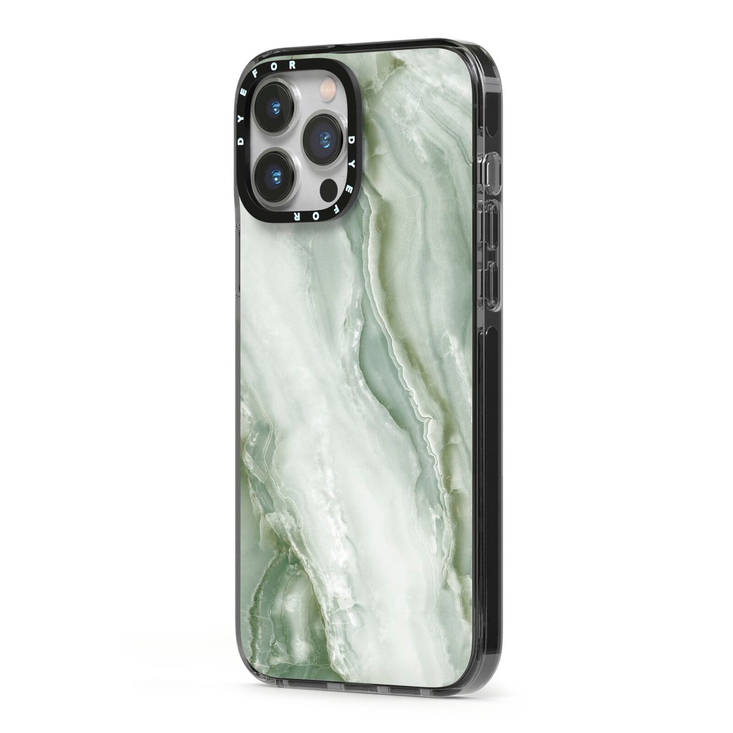 Pistachio Green Marble iPhone 13 Pro Max Black Impact Case Side Angle on Silver phone