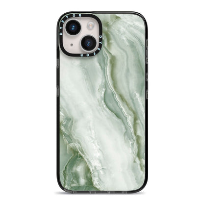 Pistachio Green Marble iPhone 14 Black Impact Case on Silver phone
