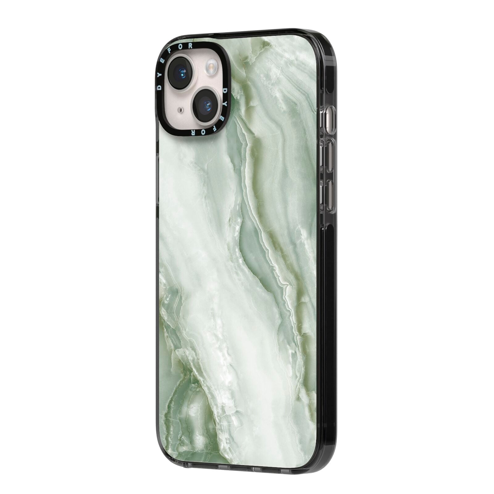 Pistachio Green Marble iPhone 14 Plus Black Impact Case Side Angle on Silver phone