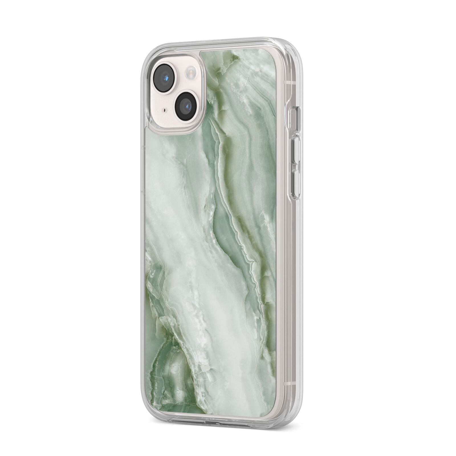 Pistachio Green Marble iPhone 14 Plus Clear Tough Case Starlight Angled Image