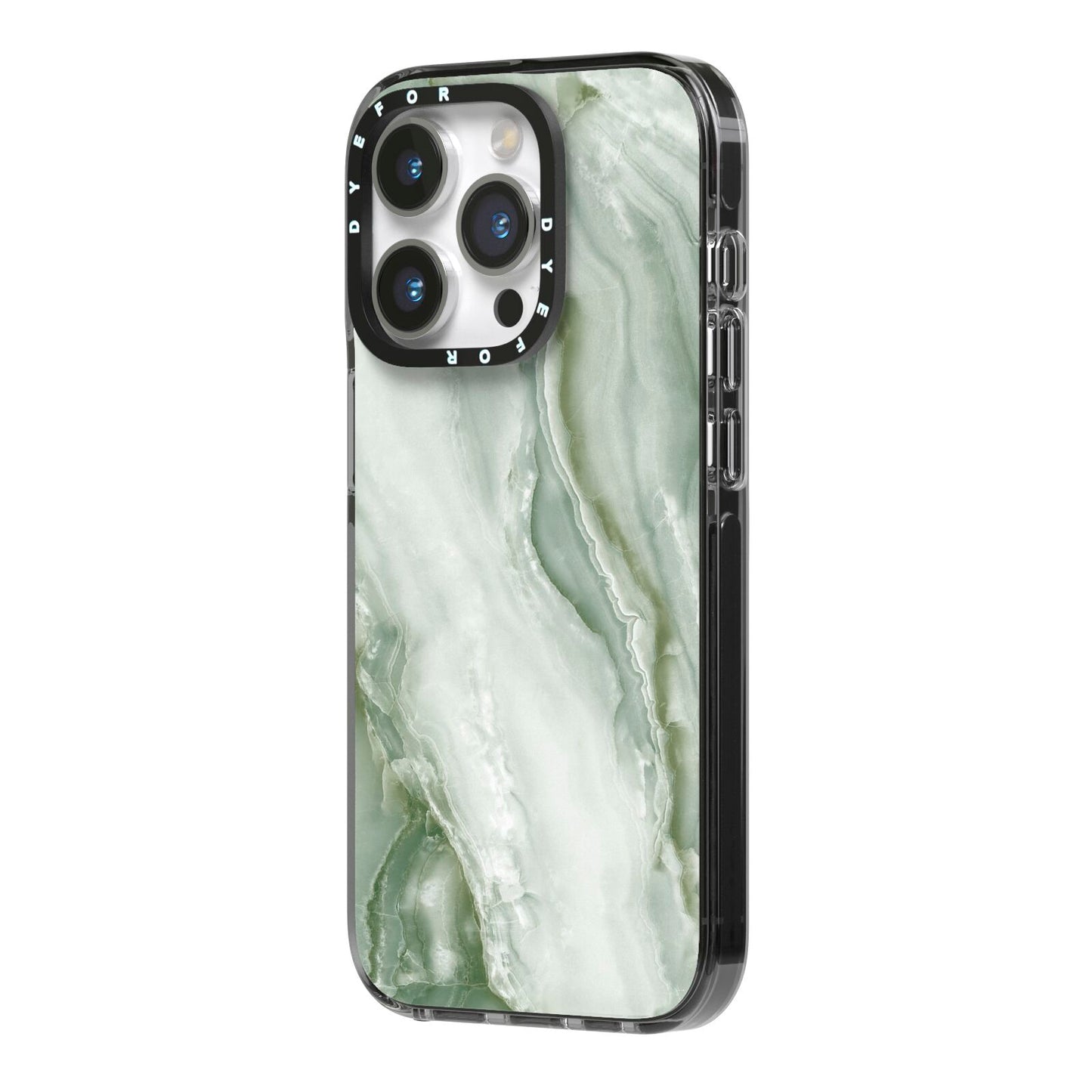 Pistachio Green Marble iPhone 14 Pro Black Impact Case Side Angle on Silver phone