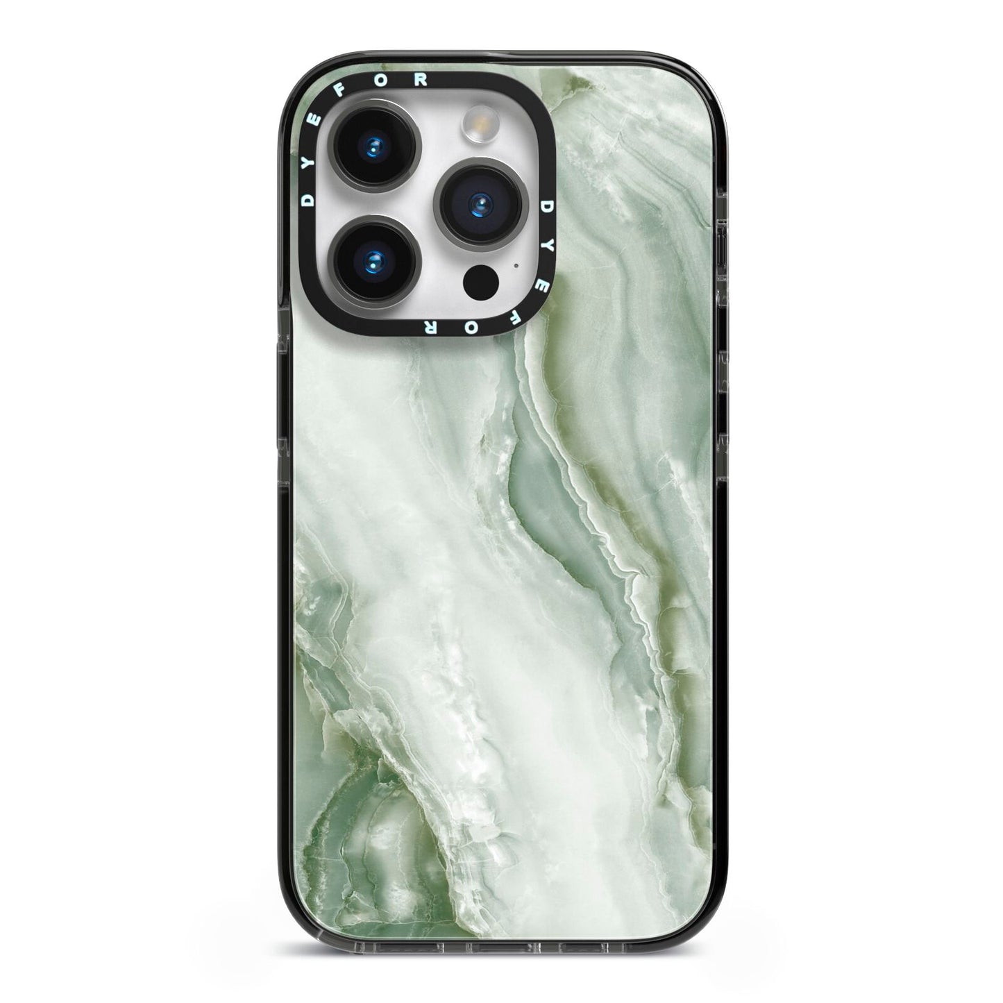 Pistachio Green Marble iPhone 14 Pro Black Impact Case on Silver phone