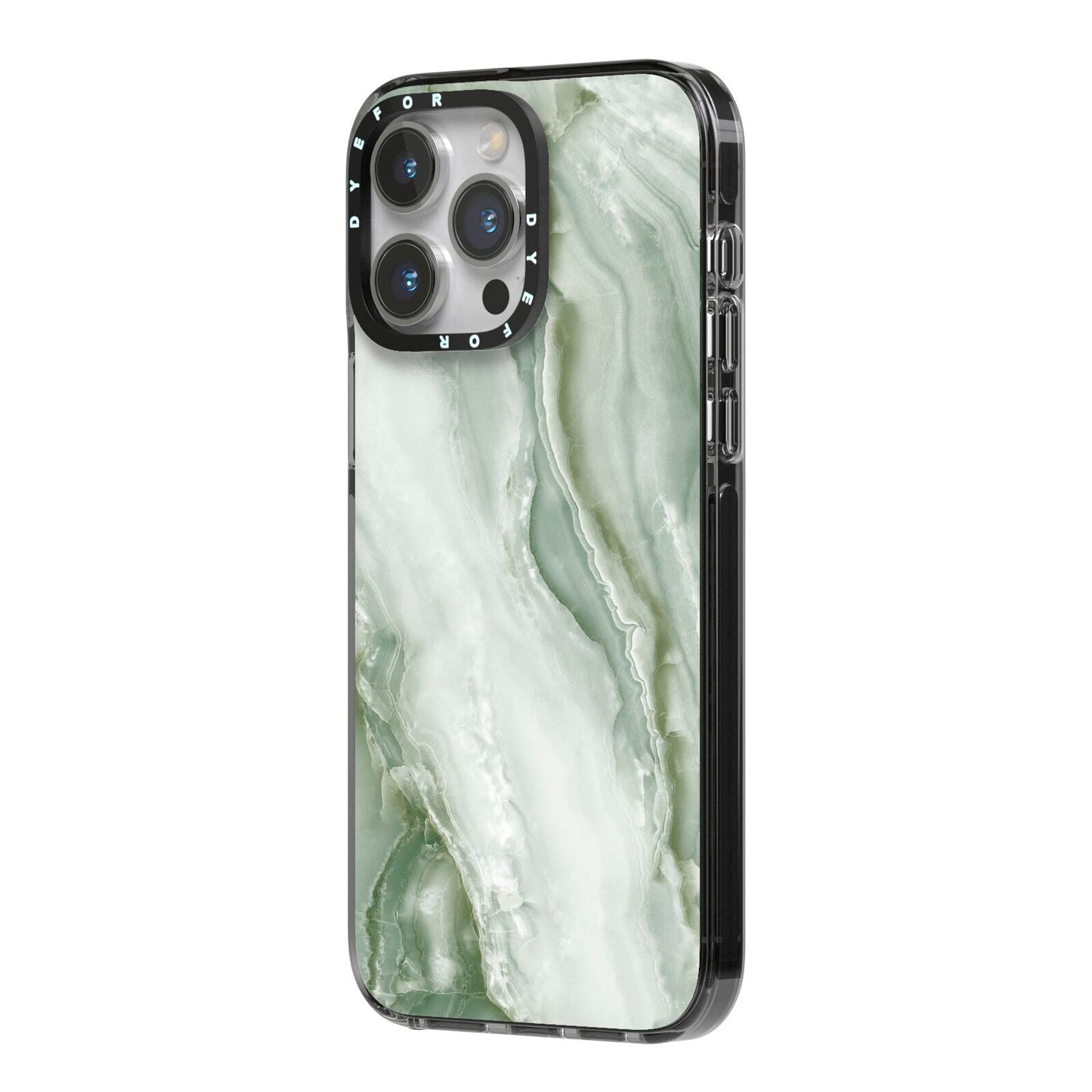 Pistachio Green Marble iPhone 14 Pro Max Black Impact Case Side Angle on Silver phone