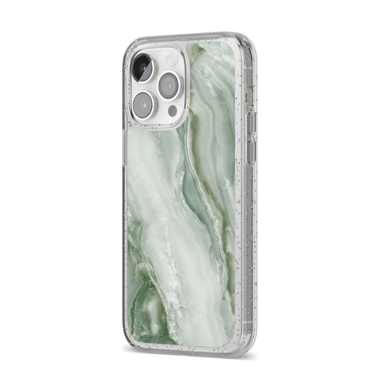 Pistachio Green Marble iPhone 14 Pro Max Glitter Tough Case Silver Angled Image