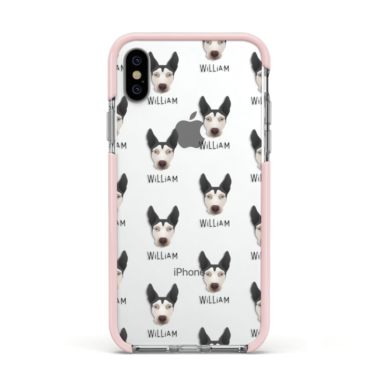 Pitsky Icon with Name Apple iPhone Xs Impact Case Pink Edge on Silver Phone