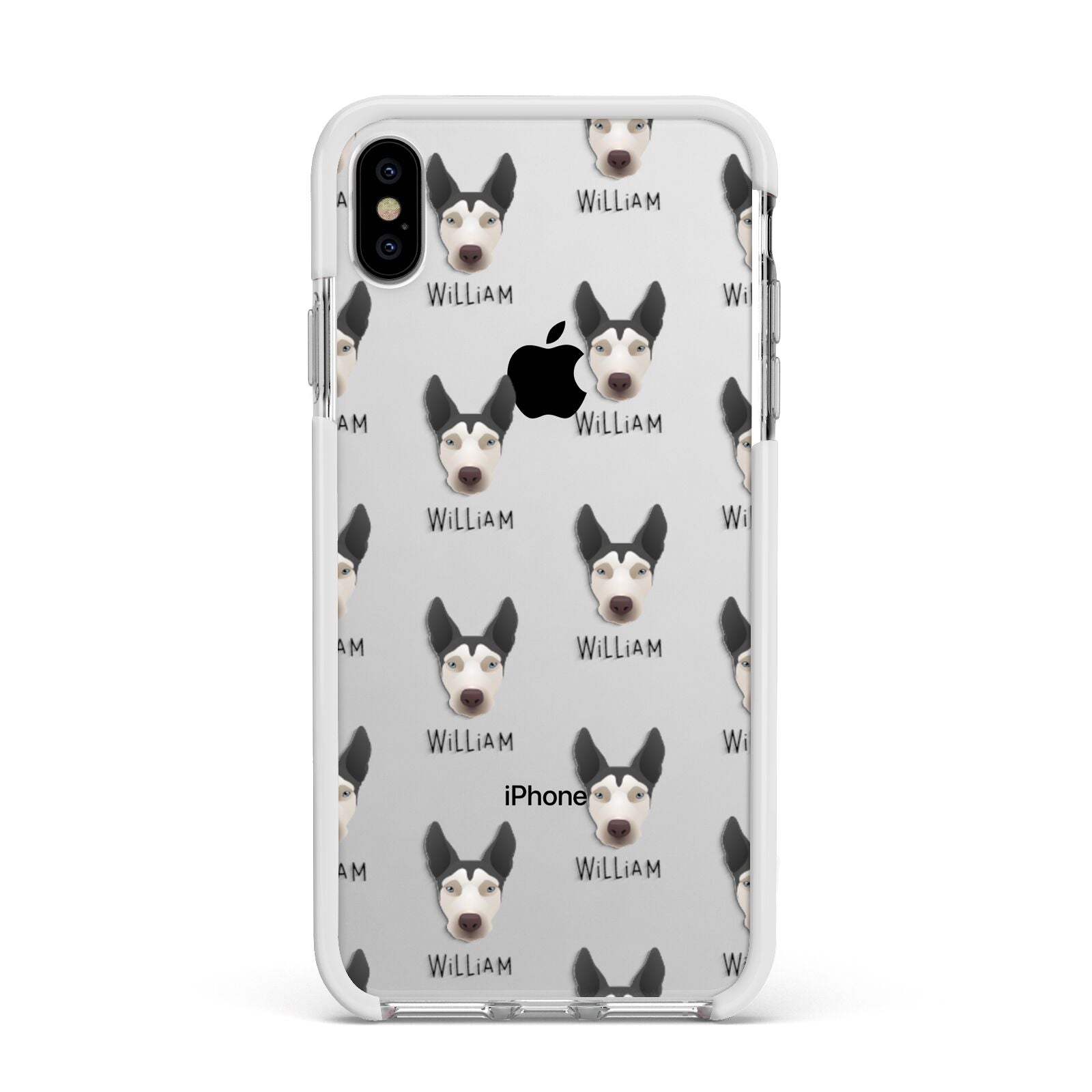 Pitsky Icon with Name Apple iPhone Xs Max Impact Case White Edge on Silver Phone