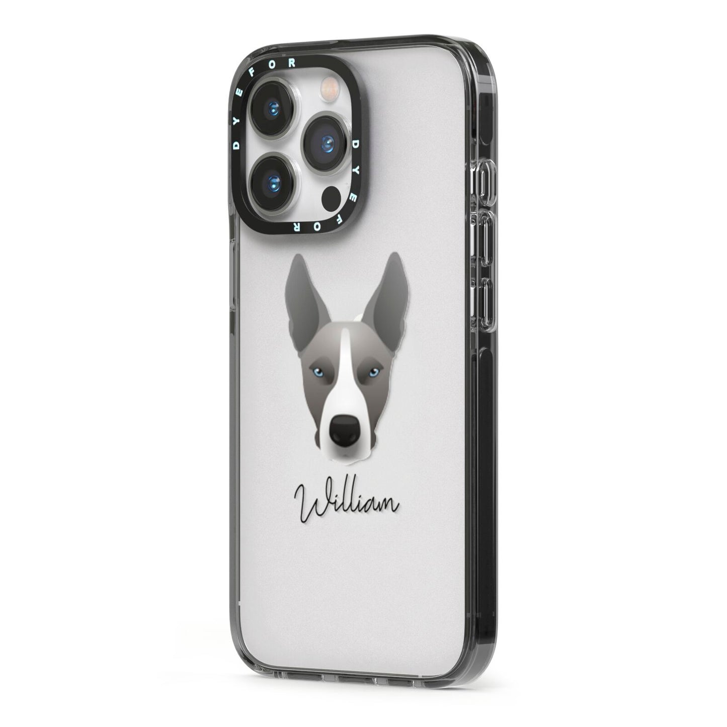 Pitsky Personalised iPhone 13 Pro Black Impact Case Side Angle on Silver phone