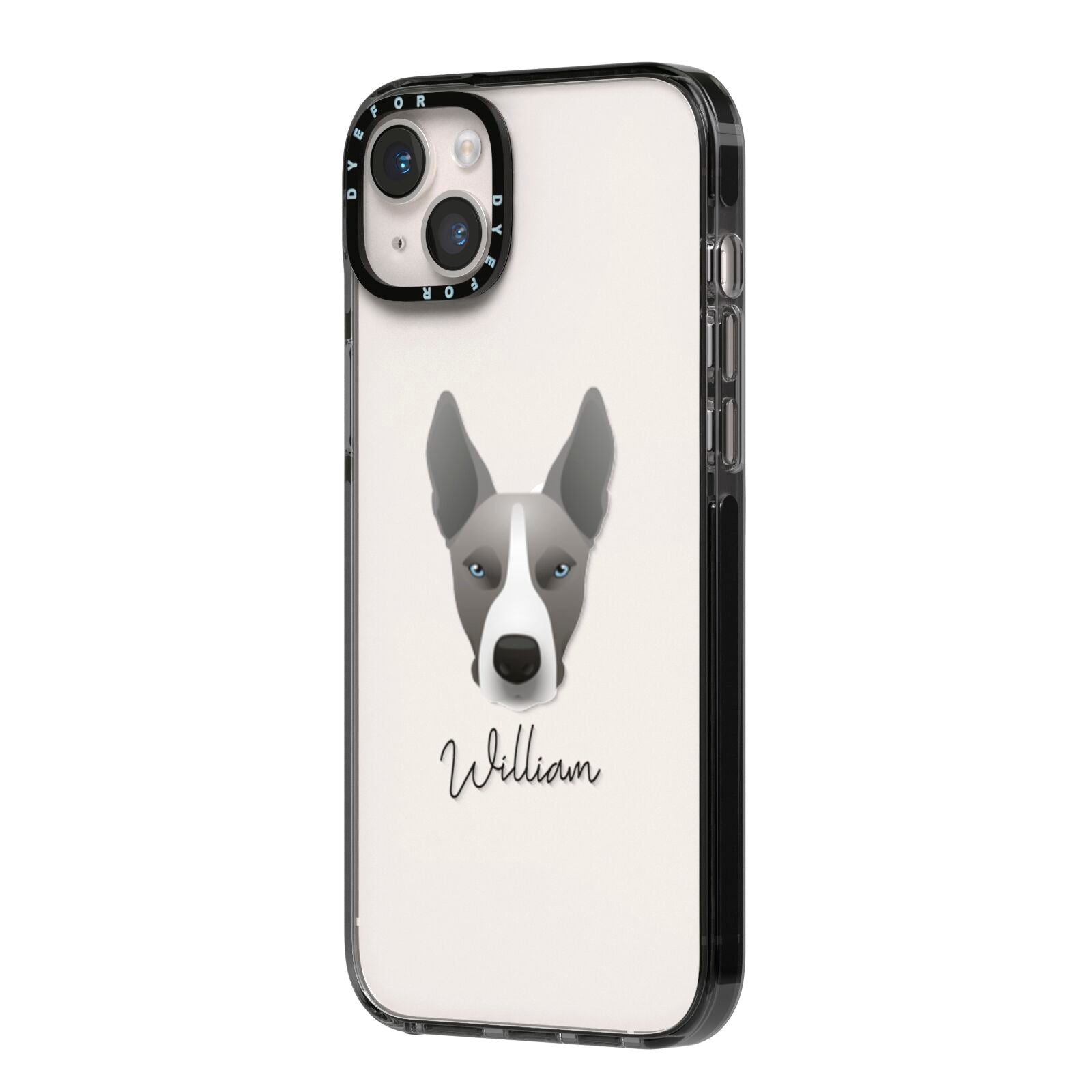 Pitsky Personalised iPhone 14 Plus Black Impact Case Side Angle on Silver phone