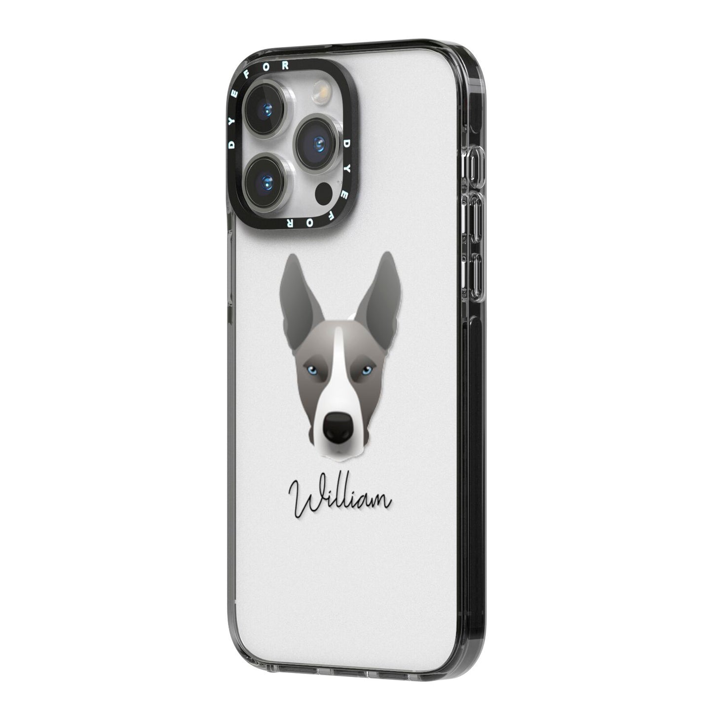 Pitsky Personalised iPhone 14 Pro Max Black Impact Case Side Angle on Silver phone