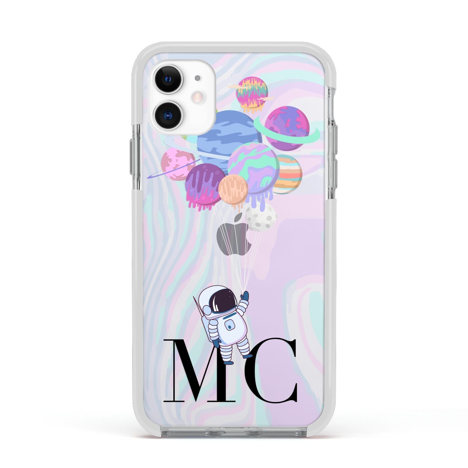 Planet Balloons with Initials Apple iPhone 11 in White with White Impact Case