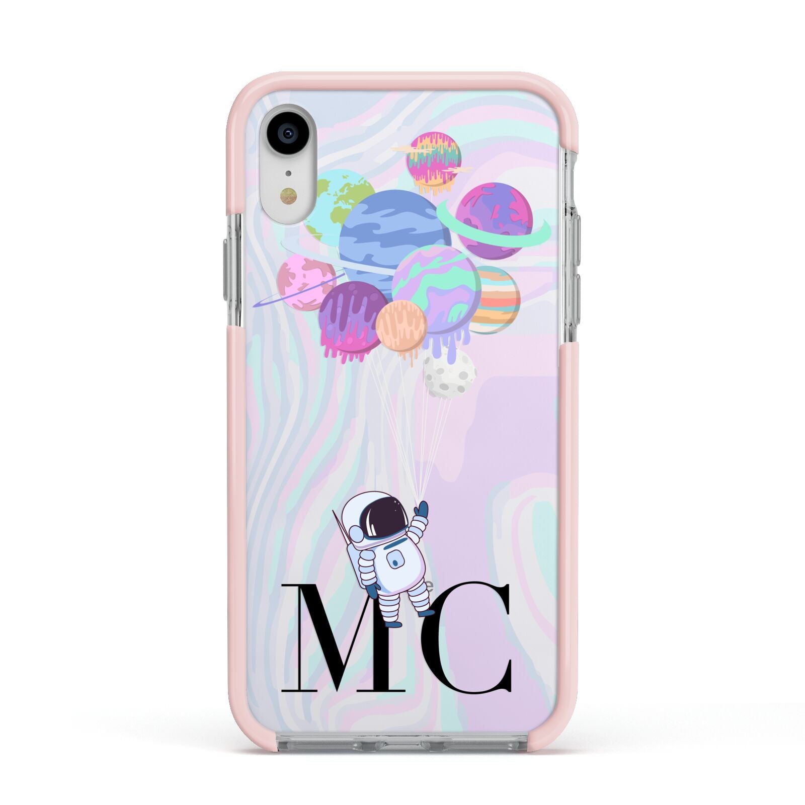 Planet Balloons with Initials Apple iPhone XR Impact Case Pink Edge on Silver Phone