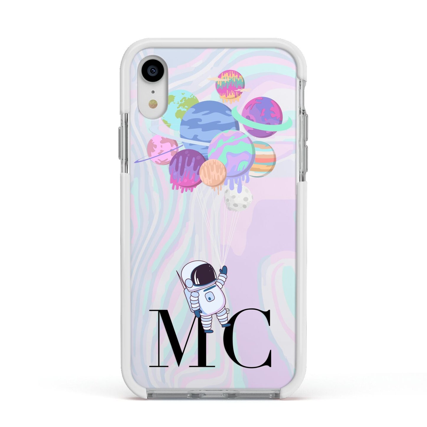 Planet Balloons with Initials Apple iPhone XR Impact Case White Edge on Silver Phone