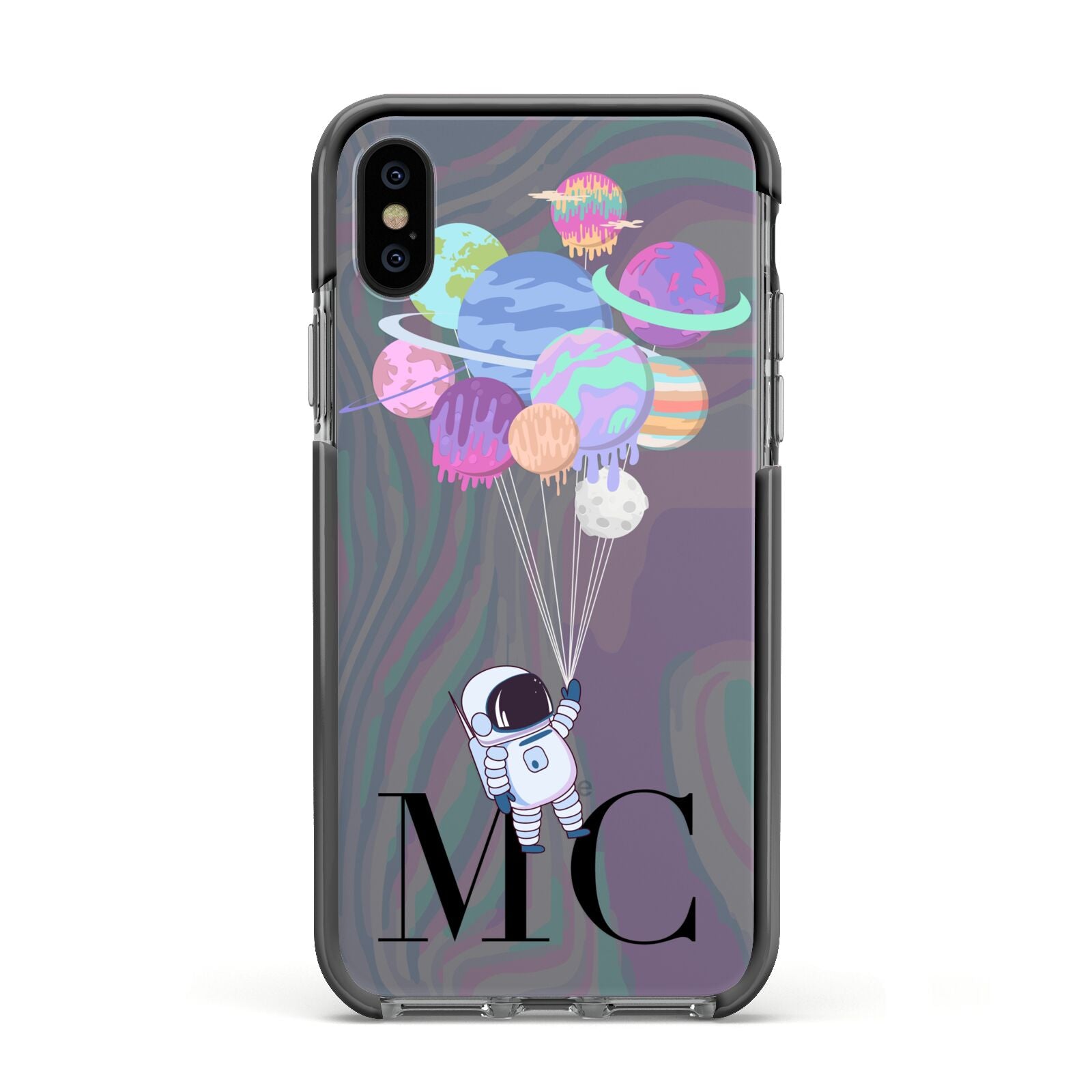 Planet Balloons with Initials Apple iPhone Xs Impact Case Black Edge on Black Phone