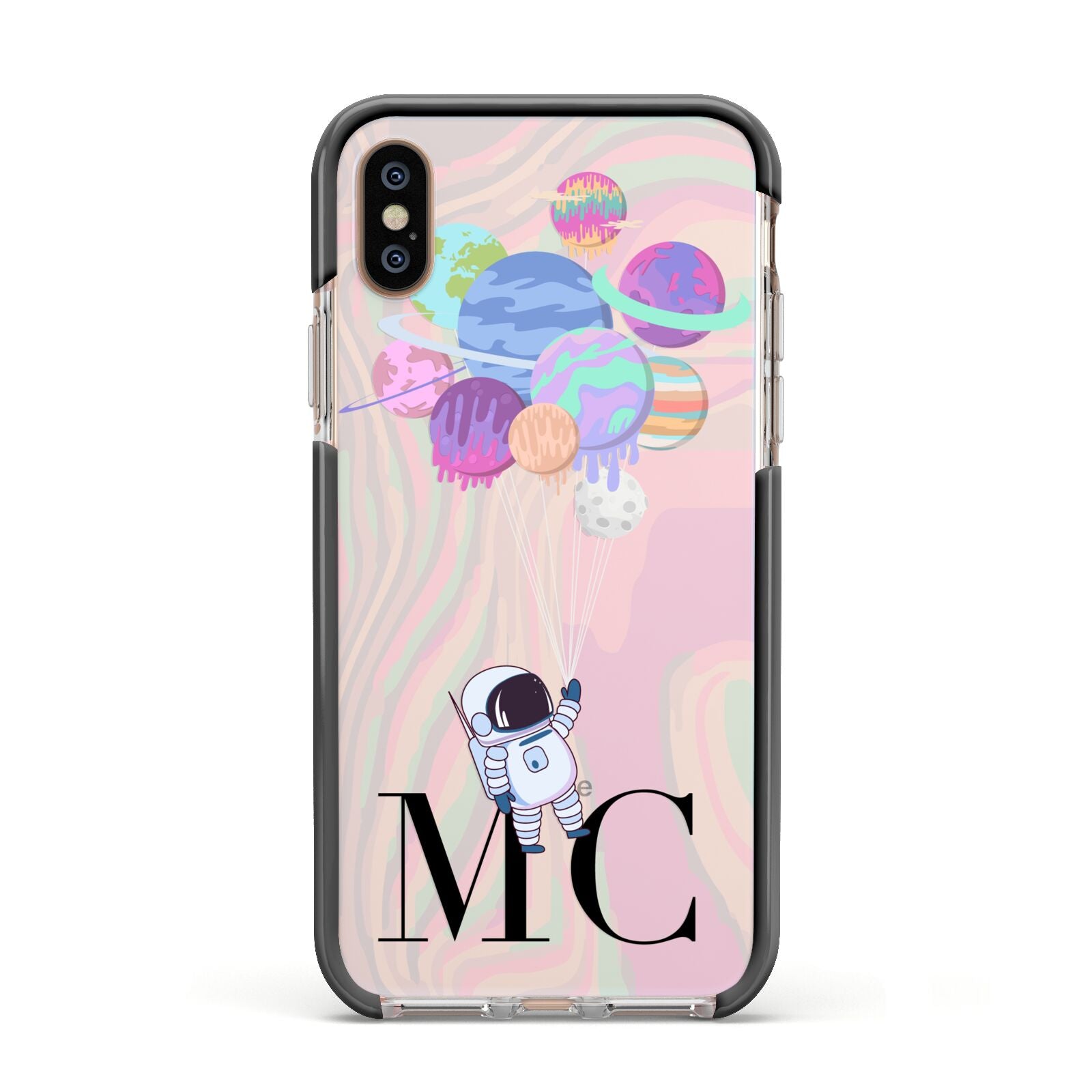 Planet Balloons with Initials Apple iPhone Xs Impact Case Black Edge on Gold Phone
