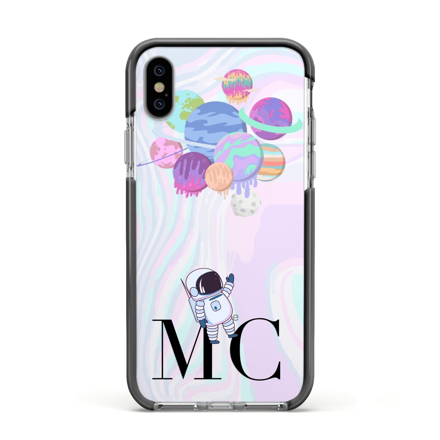 Planet Balloons with Initials Apple iPhone Xs Impact Case Black Edge on Silver Phone