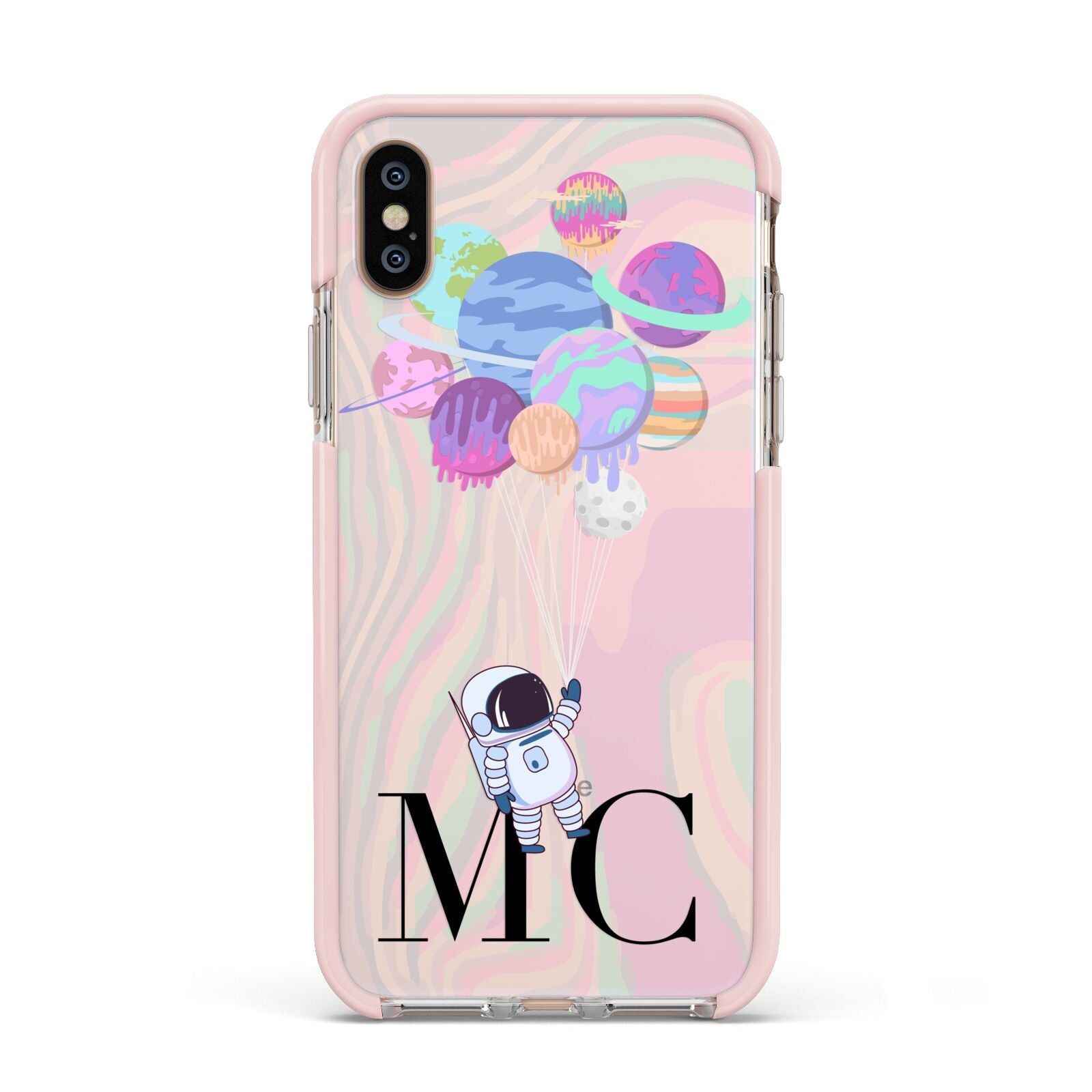 Planet Balloons with Initials Apple iPhone Xs Impact Case Pink Edge on Gold Phone