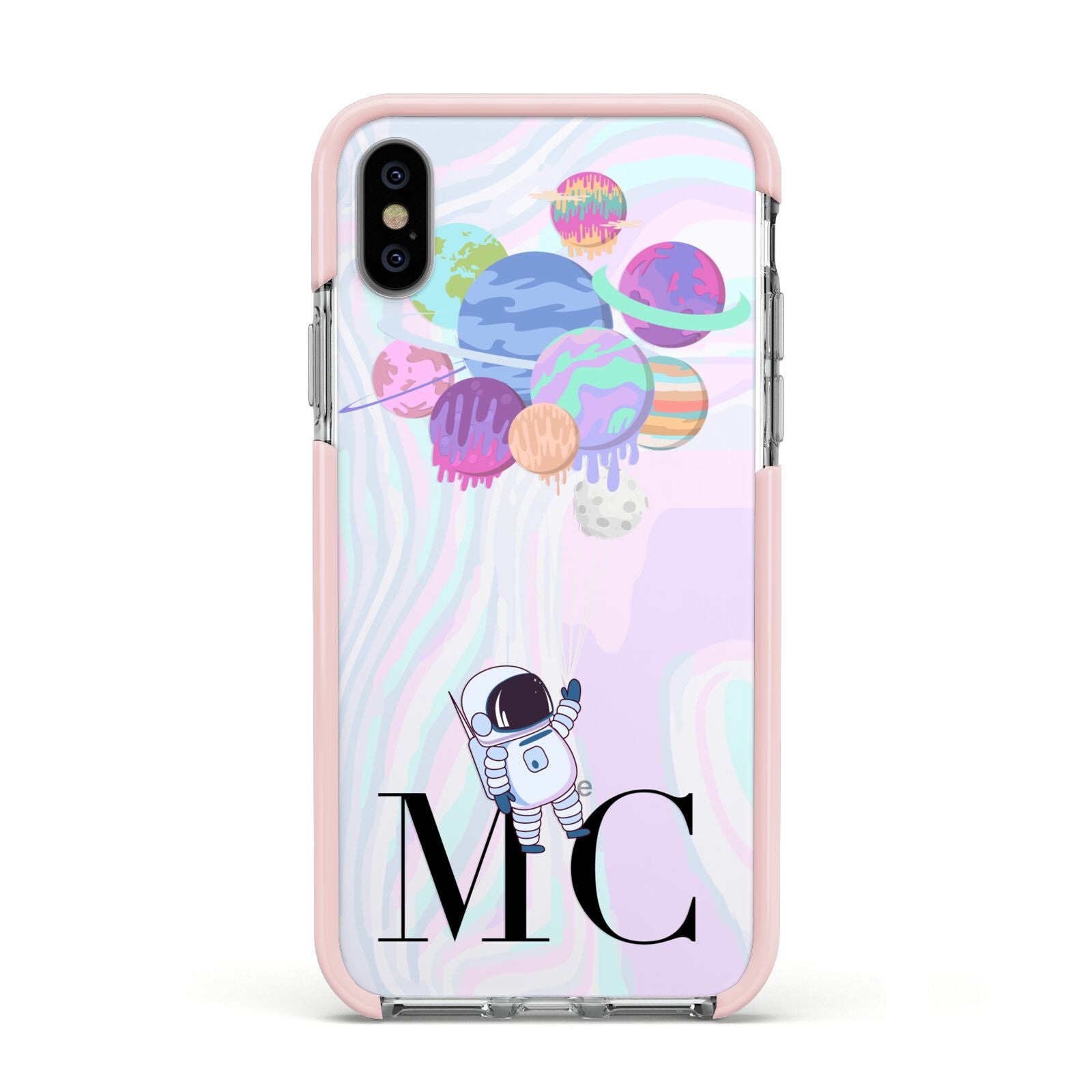 Planet Balloons with Initials Apple iPhone Xs Impact Case Pink Edge on Silver Phone