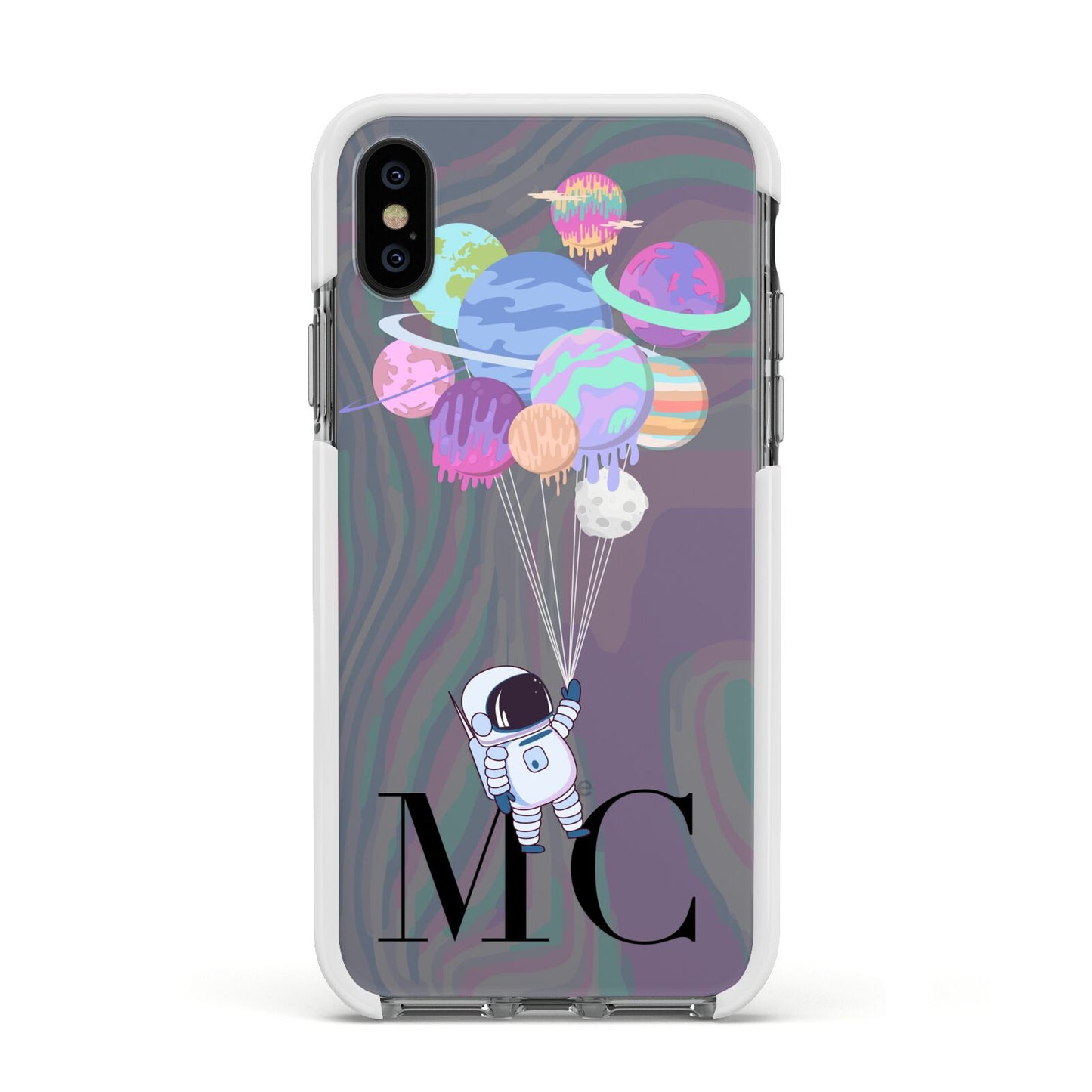 Planet Balloons with Initials Apple iPhone Xs Impact Case White Edge on Black Phone