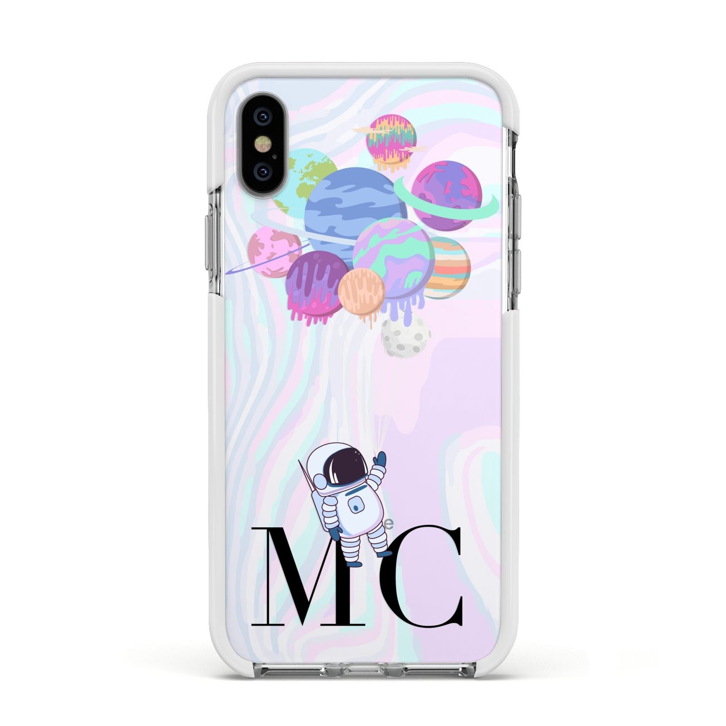 Planet Balloons with Initials Apple iPhone Xs Impact Case White Edge on Silver Phone