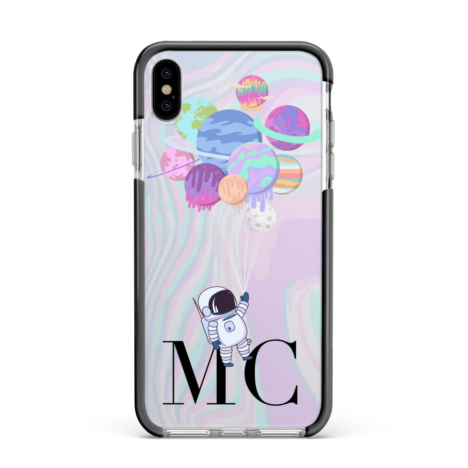 Planet Balloons with Initials Apple iPhone Xs Max Impact Case Black Edge on Silver Phone