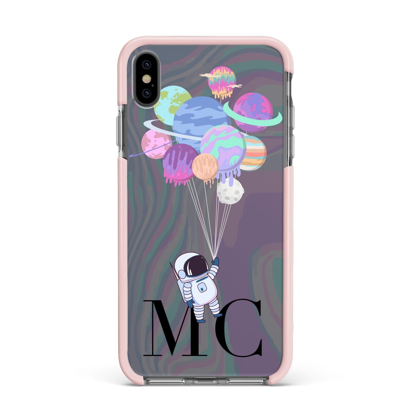 Planet Balloons with Initials Apple iPhone Xs Max Impact Case Pink Edge on Black Phone