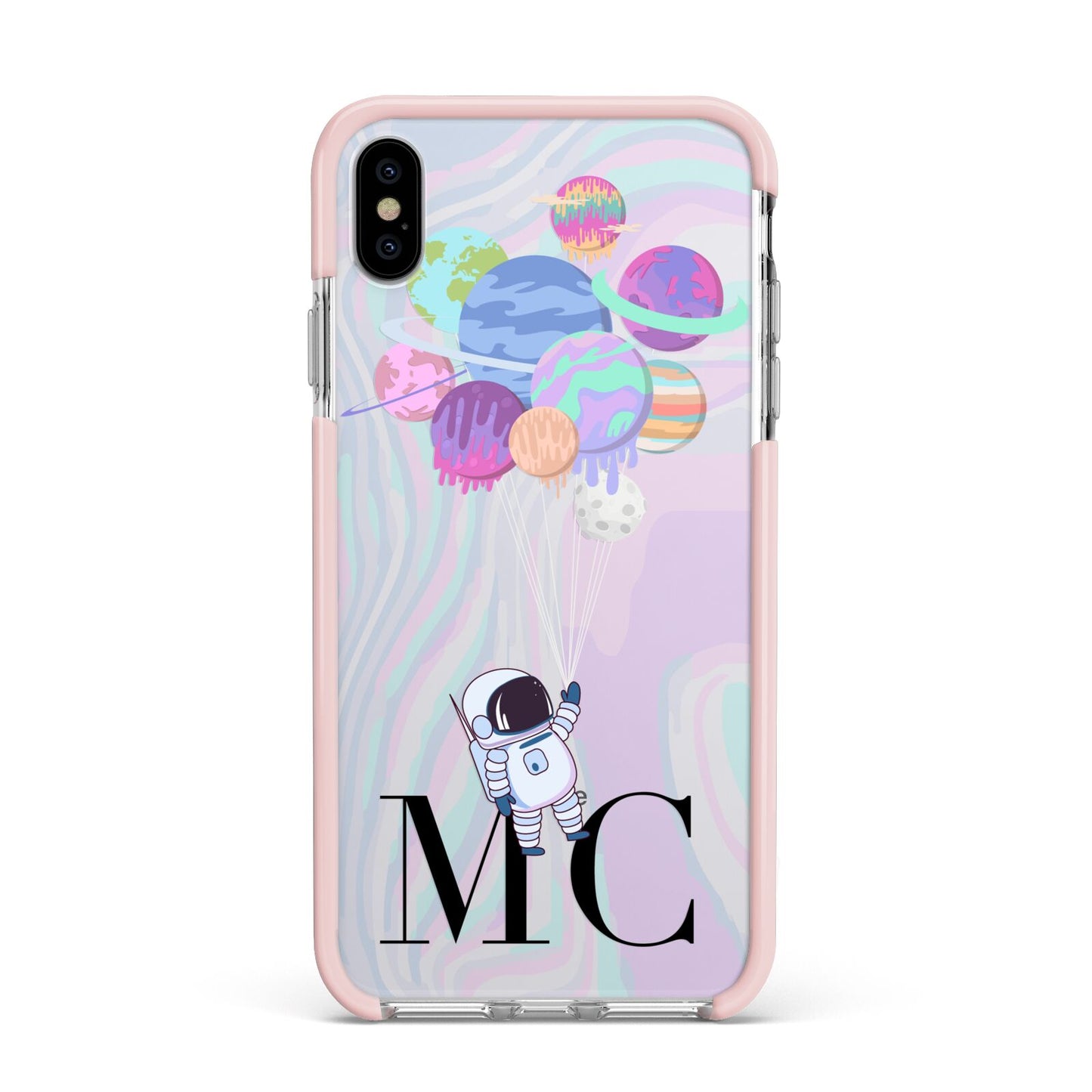 Planet Balloons with Initials Apple iPhone Xs Max Impact Case Pink Edge on Silver Phone