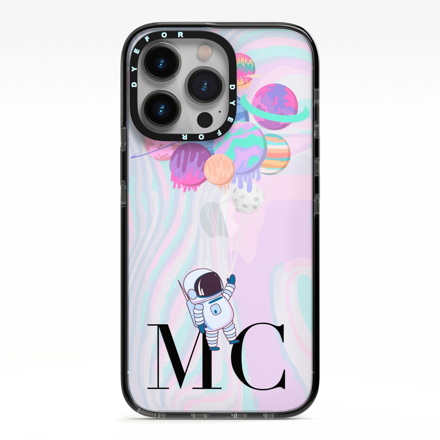 Planet Balloons with Initials iPhone 13 Pro Black Impact Case on Silver phone