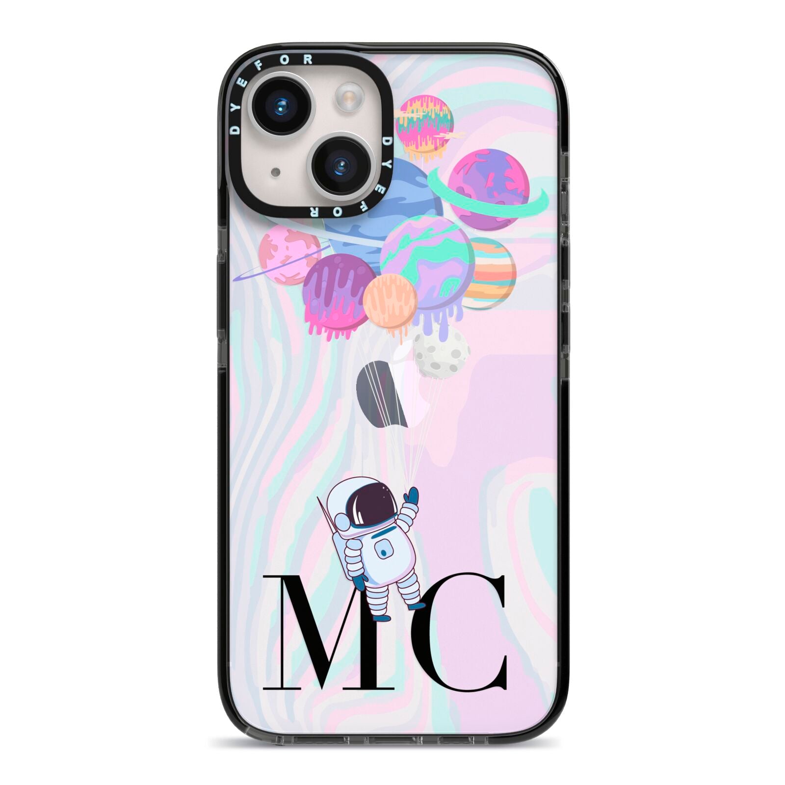 Planet Balloons with Initials iPhone 14 Black Impact Case on Silver phone