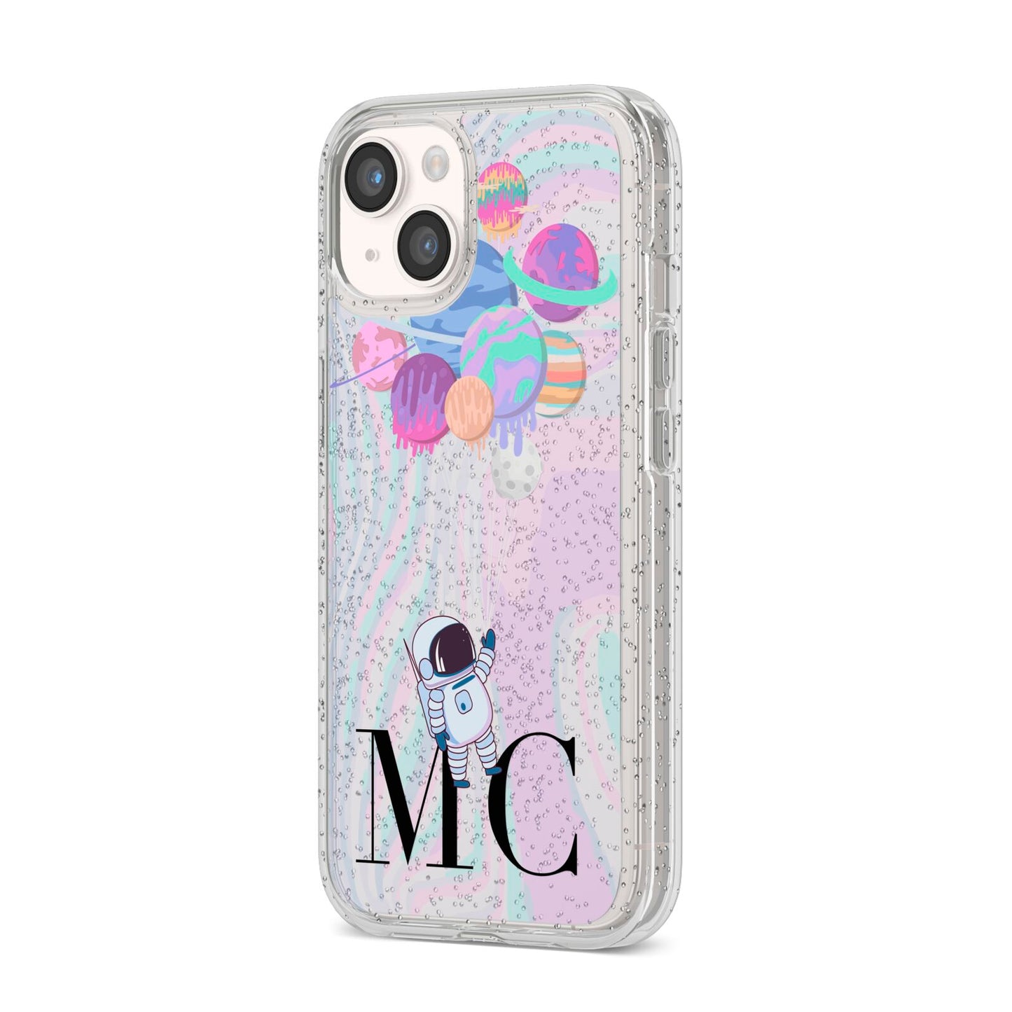 Planet Balloons with Initials iPhone 14 Glitter Tough Case Starlight Angled Image
