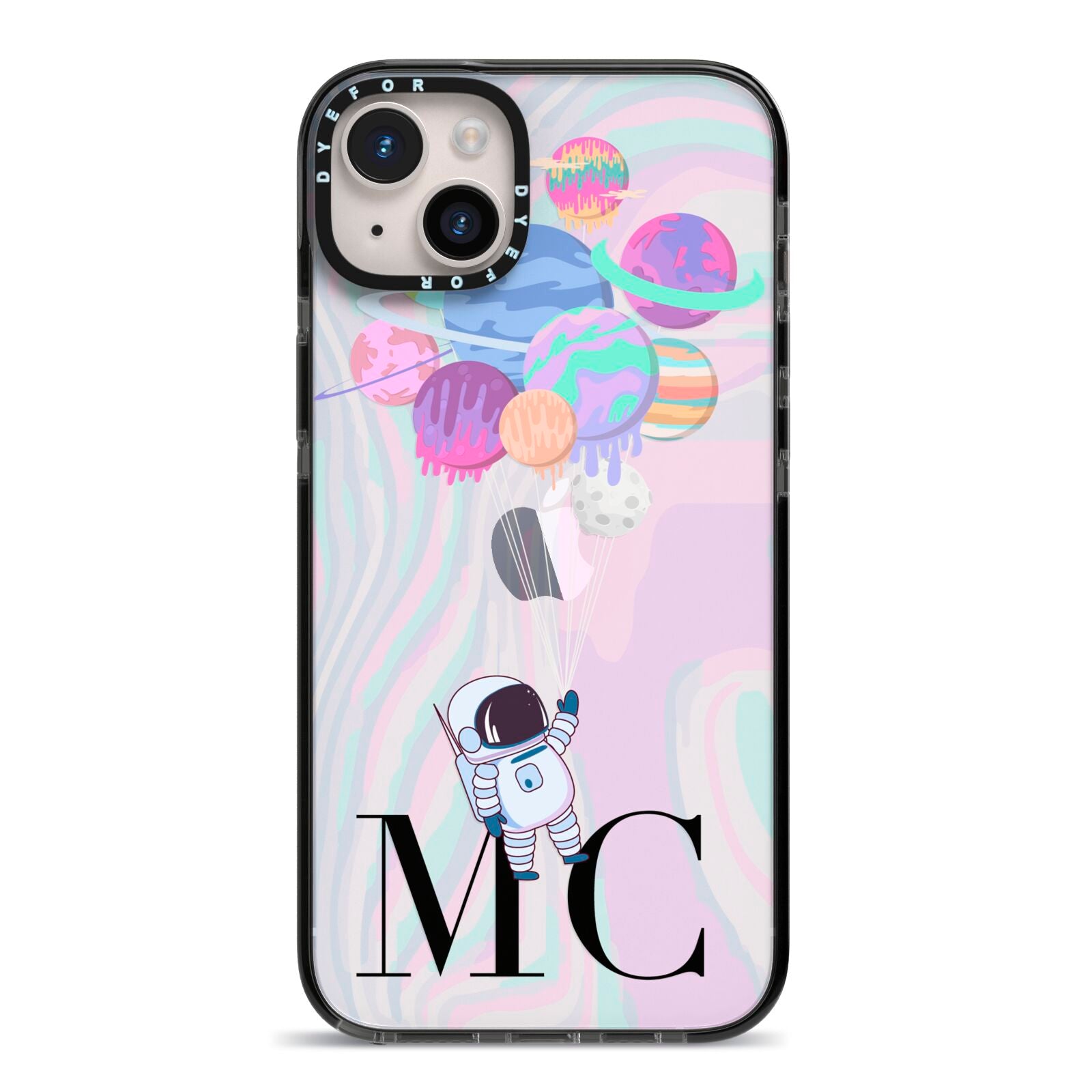 Planet Balloons with Initials iPhone 14 Plus Black Impact Case on Silver phone