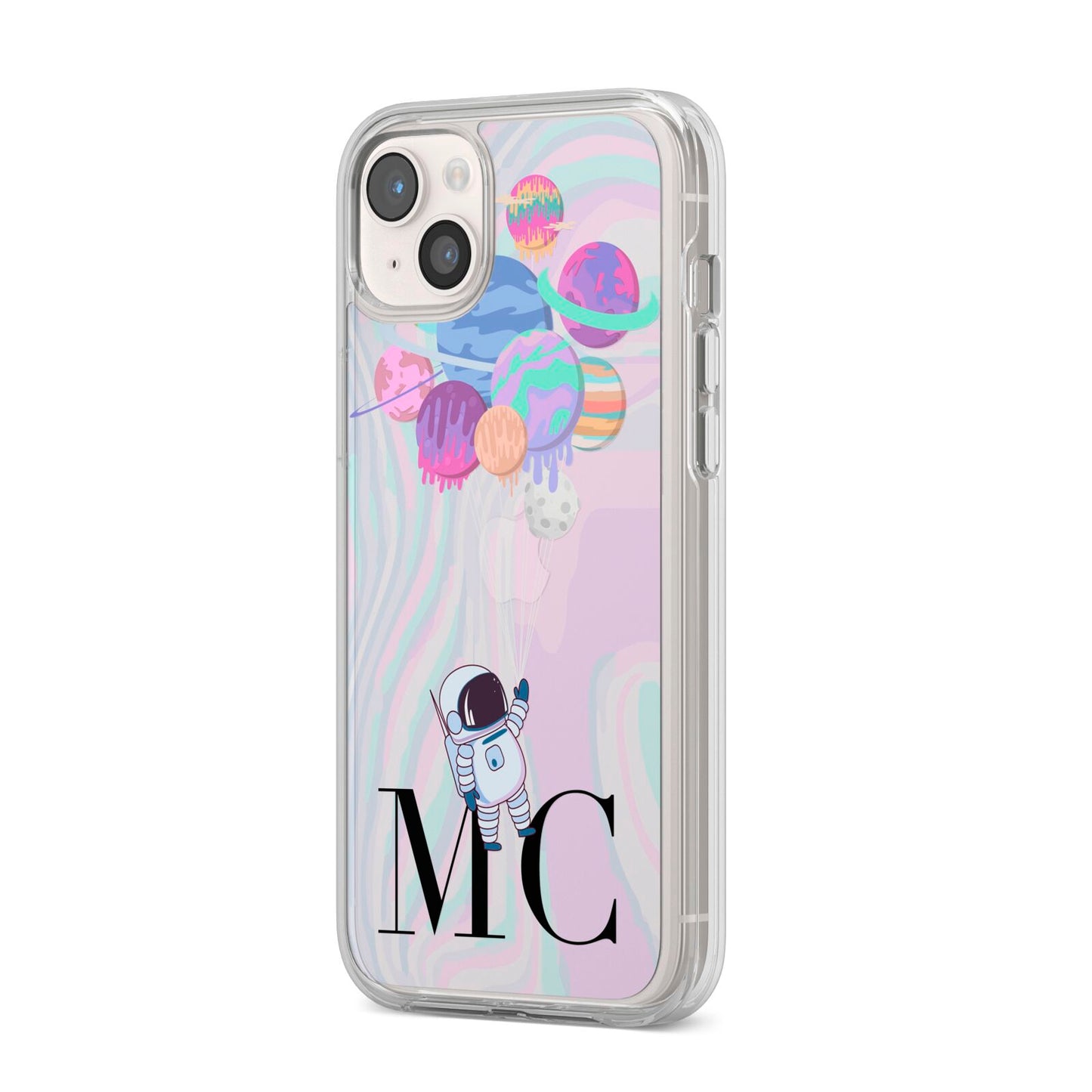 Planet Balloons with Initials iPhone 14 Plus Clear Tough Case Starlight Angled Image