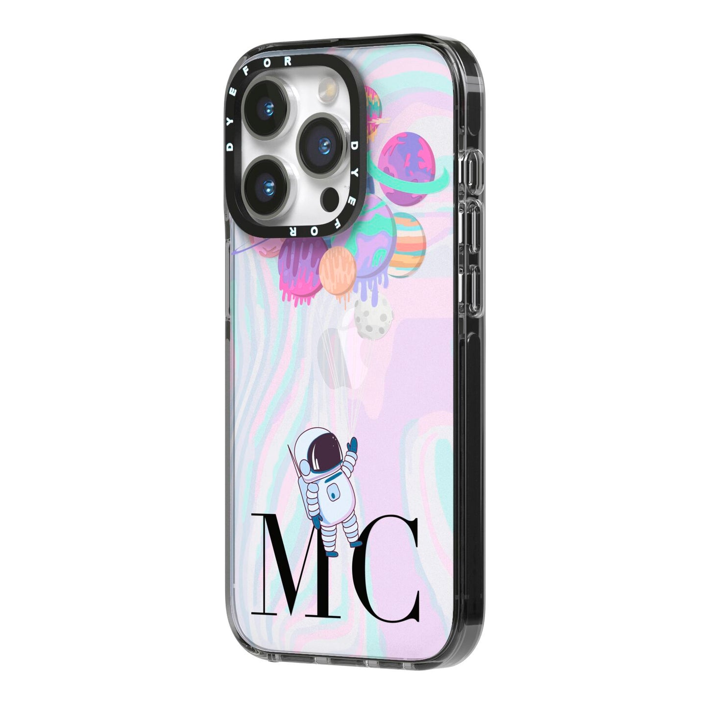 Planet Balloons with Initials iPhone 14 Pro Black Impact Case Side Angle on Silver phone