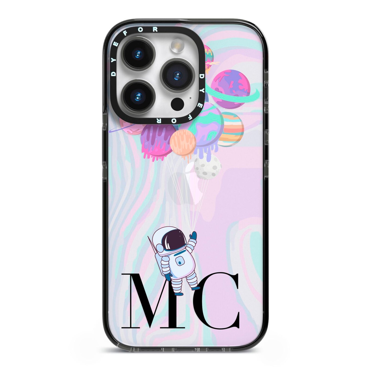 Planet Balloons with Initials iPhone 14 Pro Black Impact Case on Silver phone