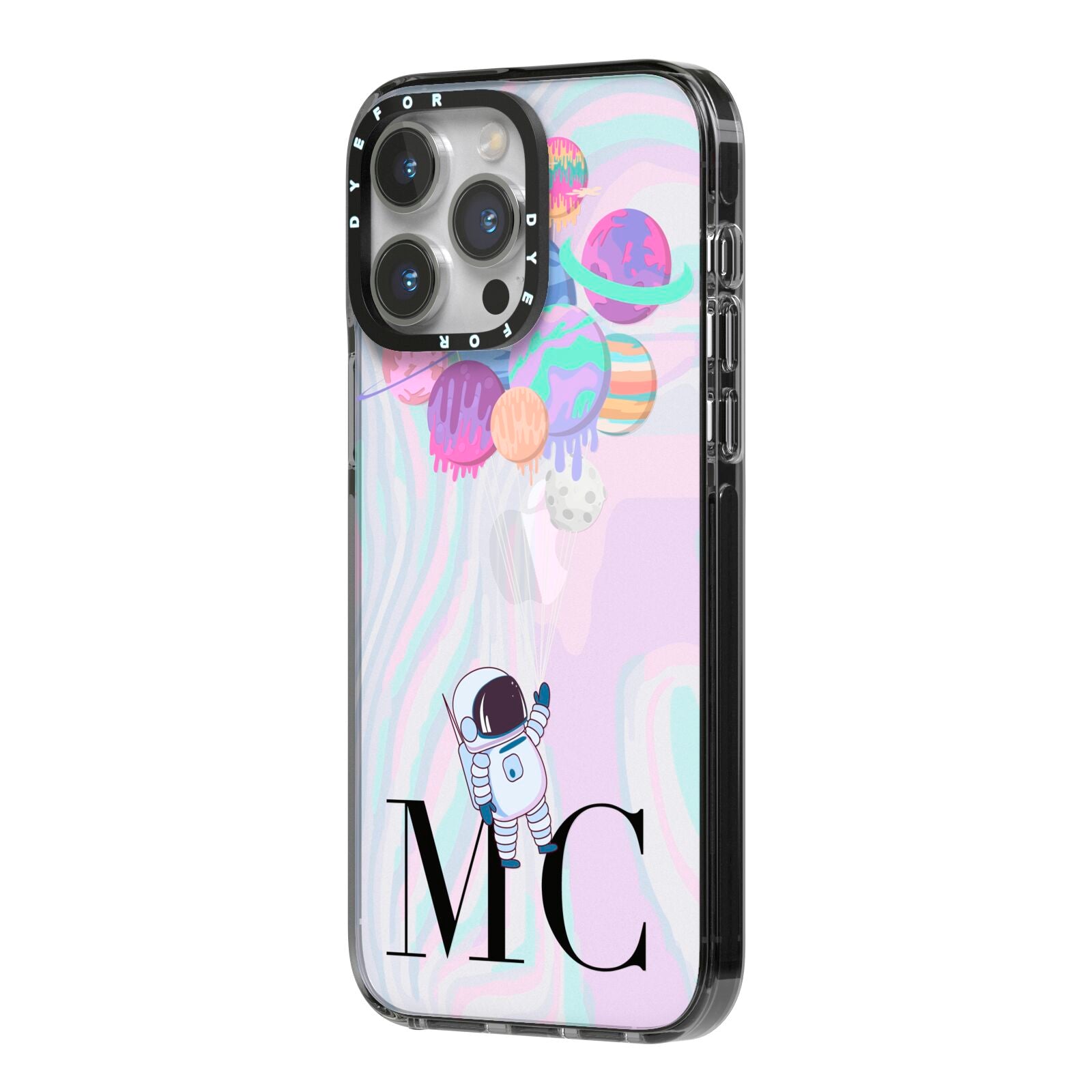 Planet Balloons with Initials iPhone 14 Pro Max Black Impact Case Side Angle on Silver phone