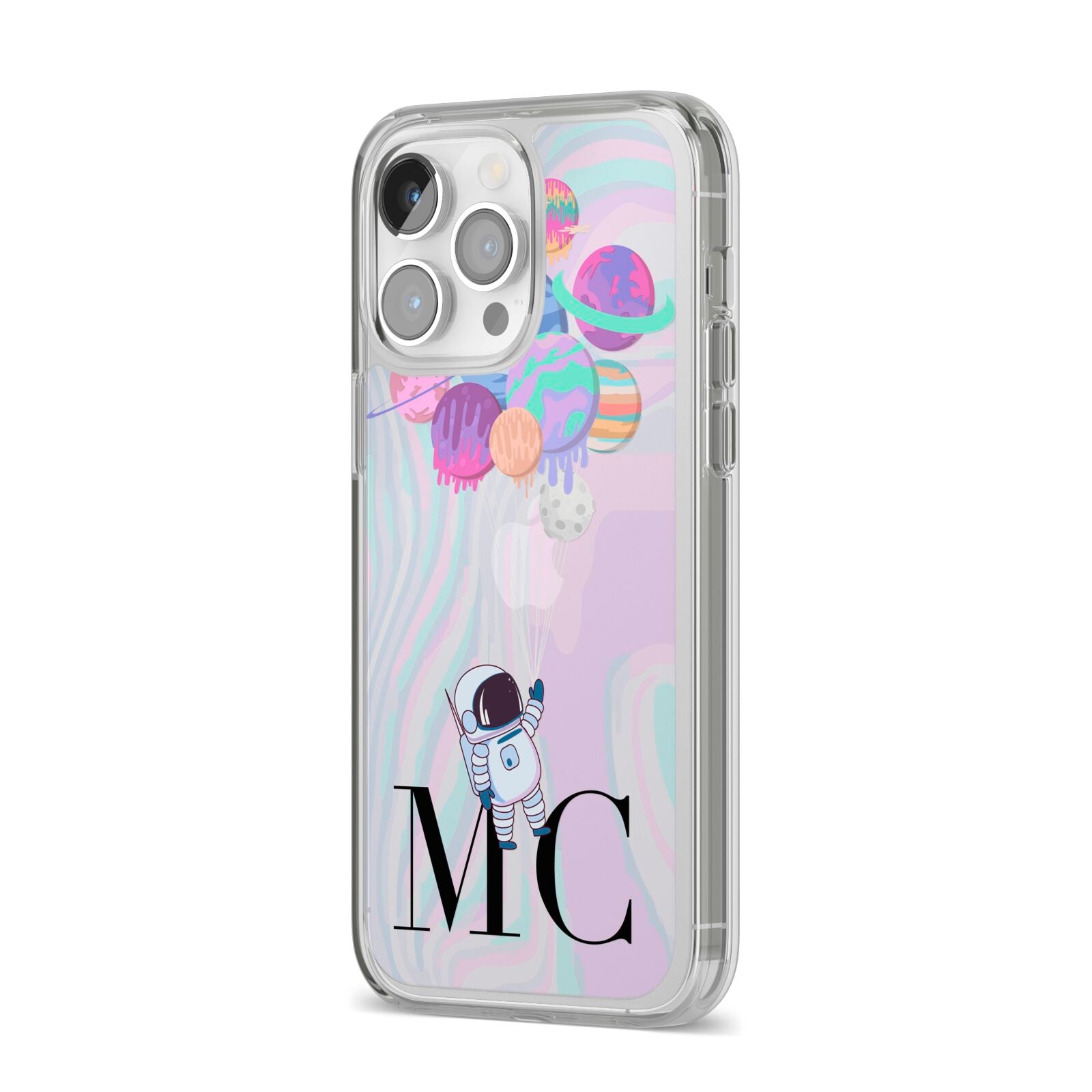 Planet Balloons with Initials iPhone 14 Pro Max Clear Tough Case Silver Angled Image