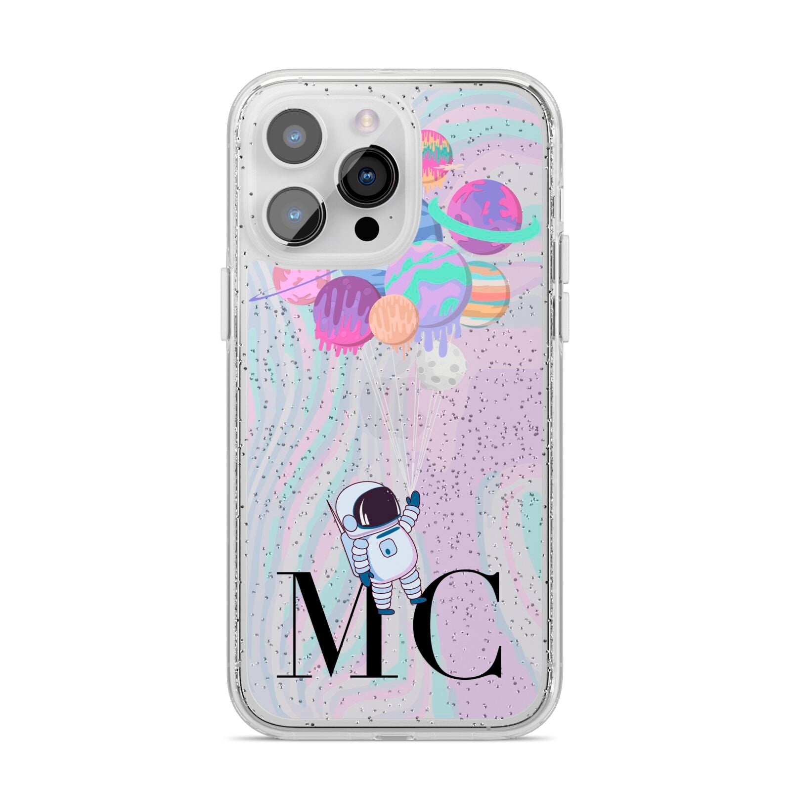 Planet Balloons with Initials iPhone 14 Pro Max Glitter Tough Case Silver