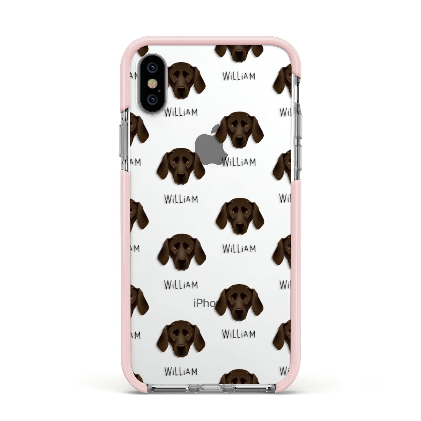 Plott Hound Icon with Name Apple iPhone Xs Impact Case Pink Edge on Silver Phone