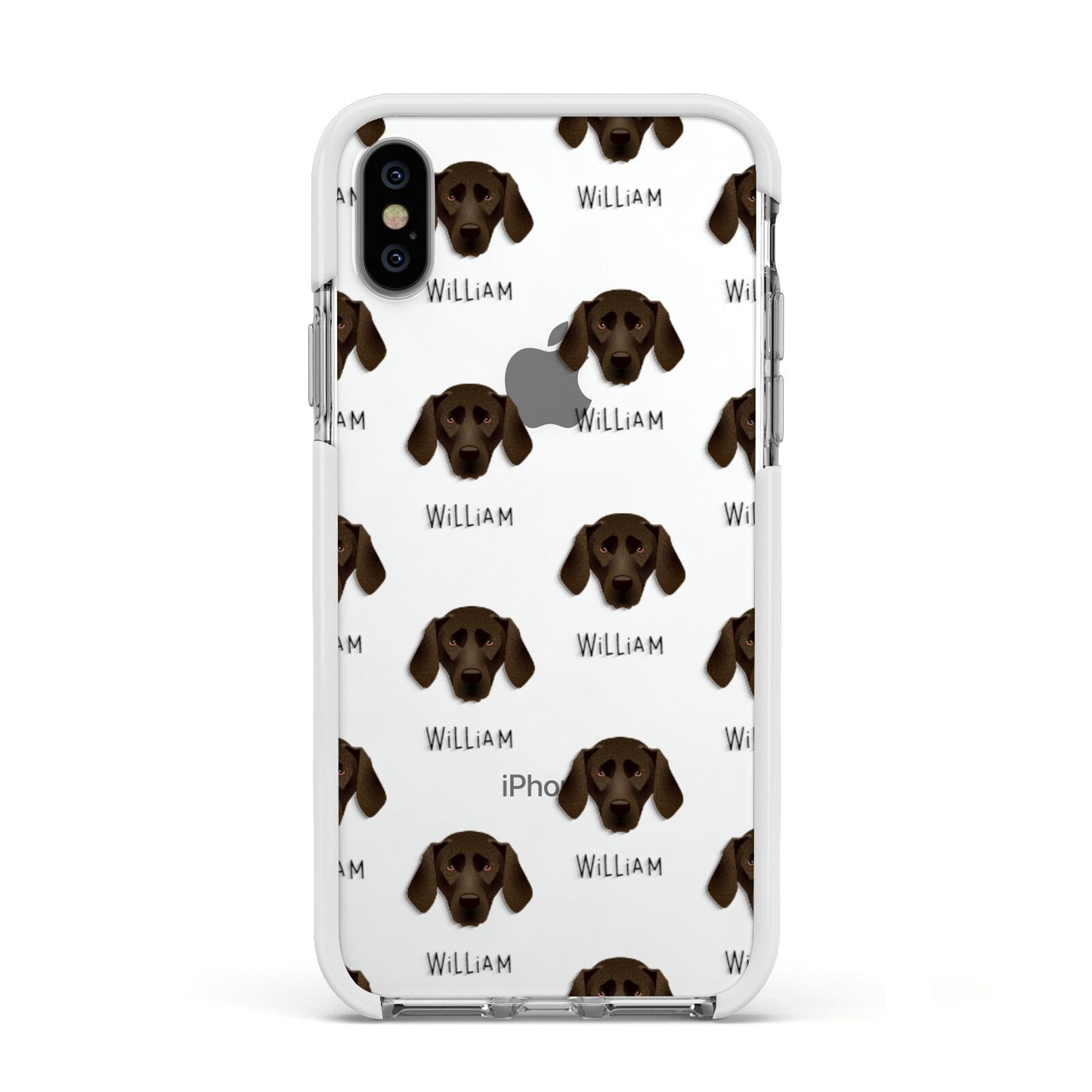 Plott Hound Icon with Name Apple iPhone Xs Impact Case White Edge on Silver Phone