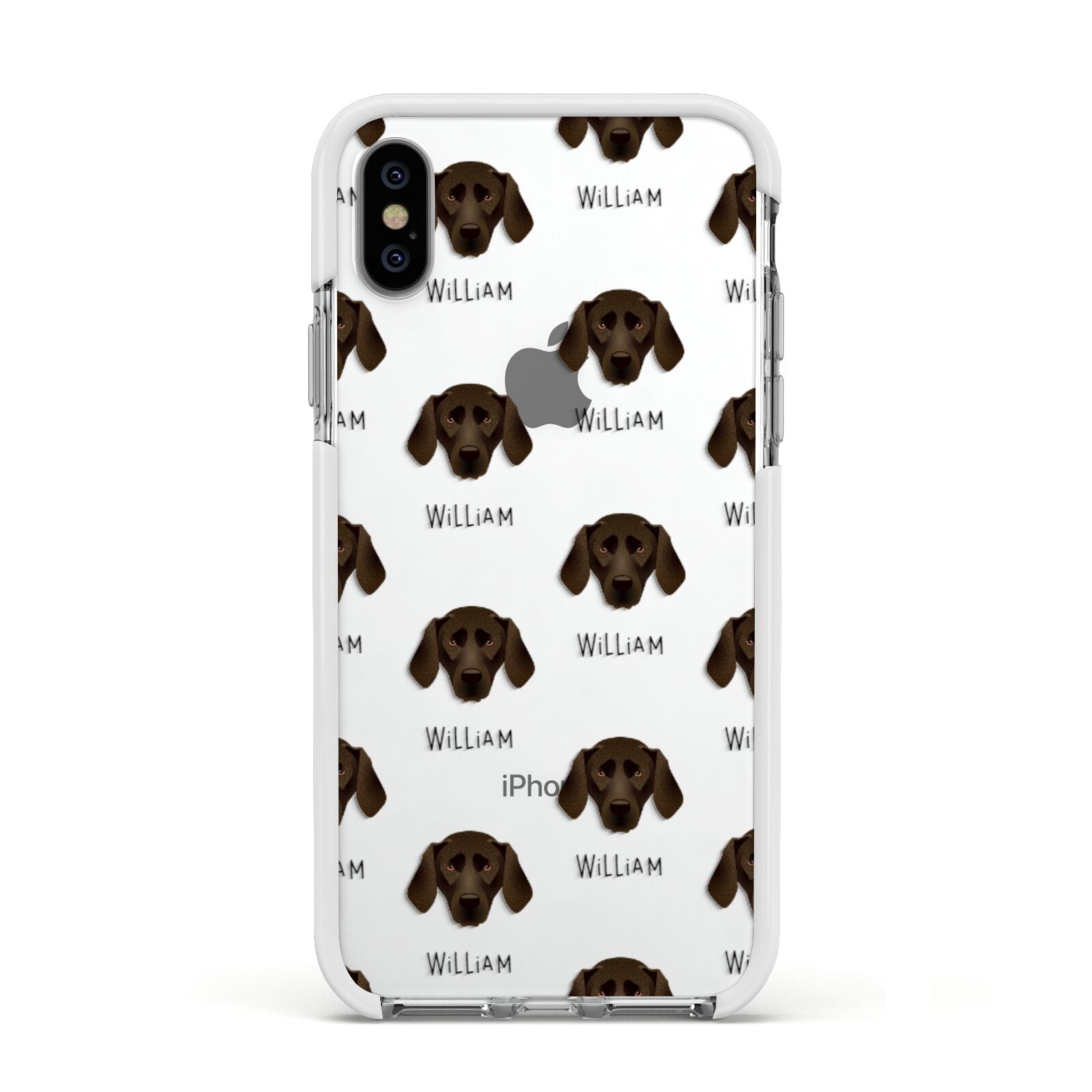 Plott Hound Icon with Name Apple iPhone Xs Impact Case White Edge on Silver Phone